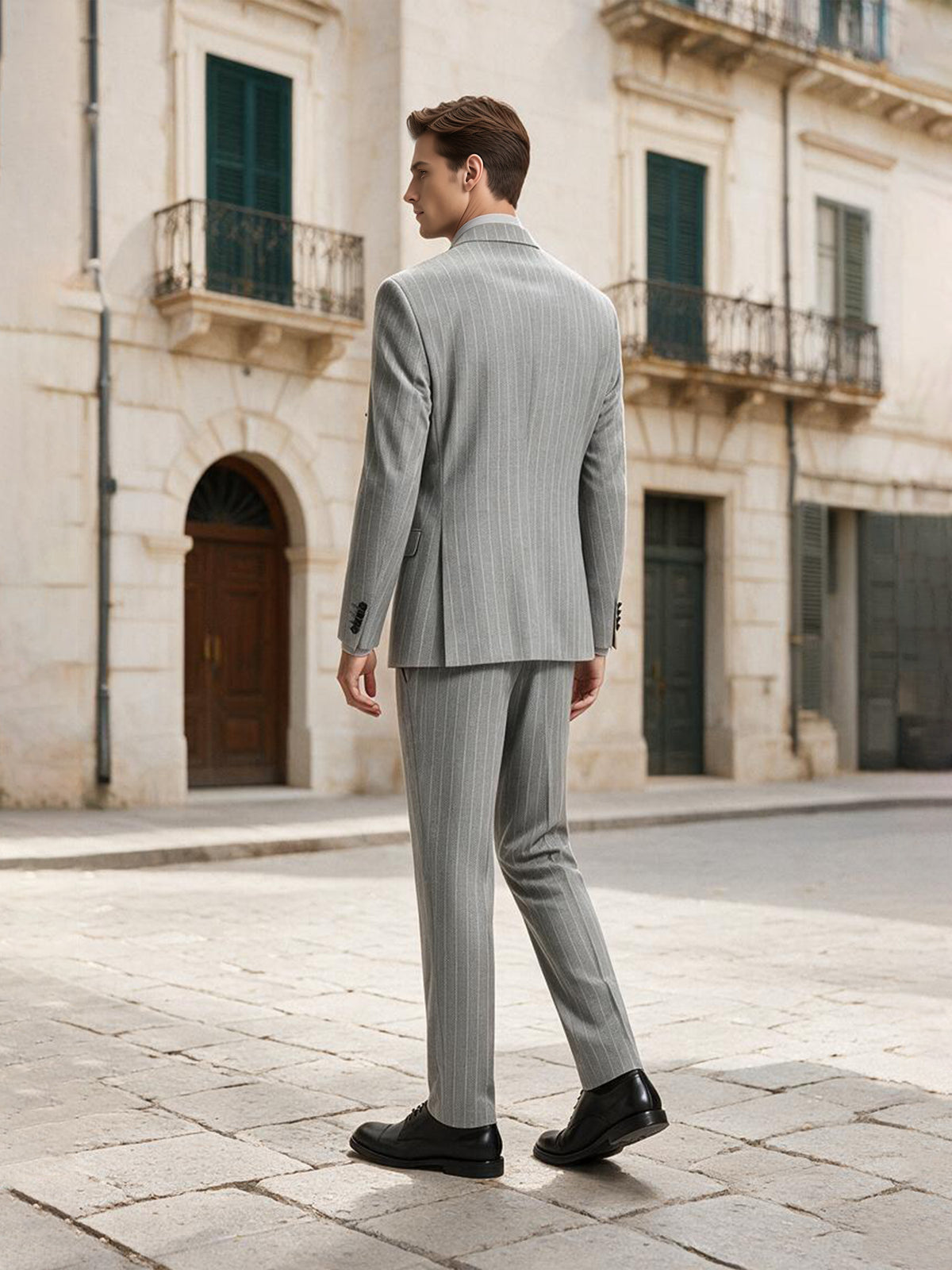 Cicinia Men Slim Fit Grey Pinstripe Double Breasted Suit 2 Pieces Formal Business Wedding Suit Set