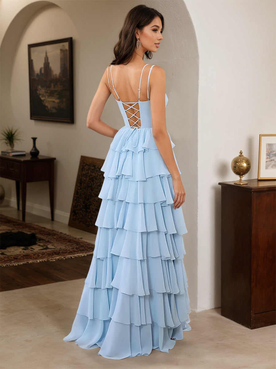 Cicinia Sky Blue Prom Dresses Long Chiffon Spaghetti Straps A-line Floor Length Layered