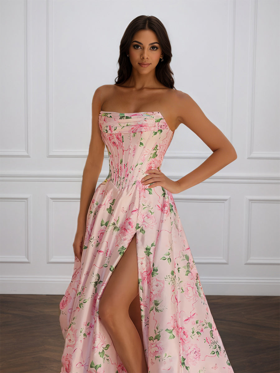 Cicinia Blushing Pink Prom Dresses Long Printed Fabric A-line Slit Strapless Evening Gown