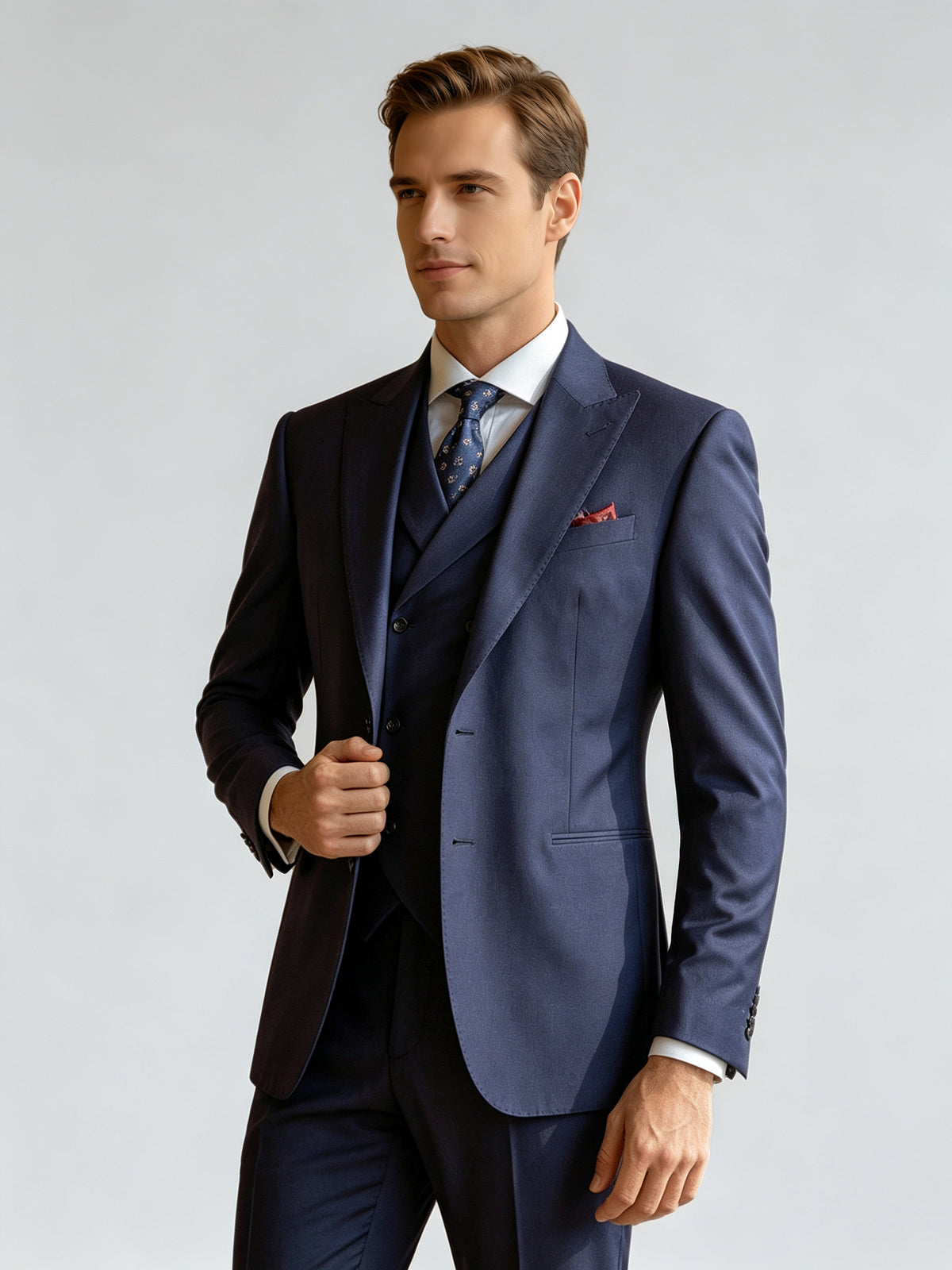 Cicinia Men's Suits Navy Blue 3 Pieces Suit Peak Lapel Double Breasted Vest Jacket And Straight Trousers