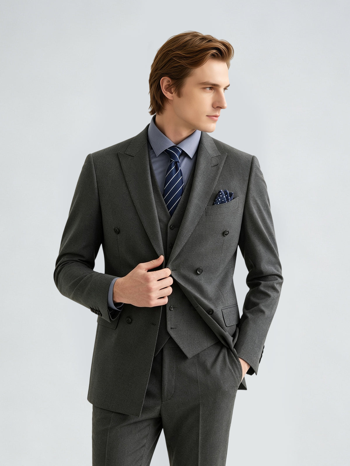 Cicinia 3 Pieces Suit Peak Lapel Double Breasted Jacket V Neck Waistcoat Straight Leg Trousers Steel Grey Men's Suits