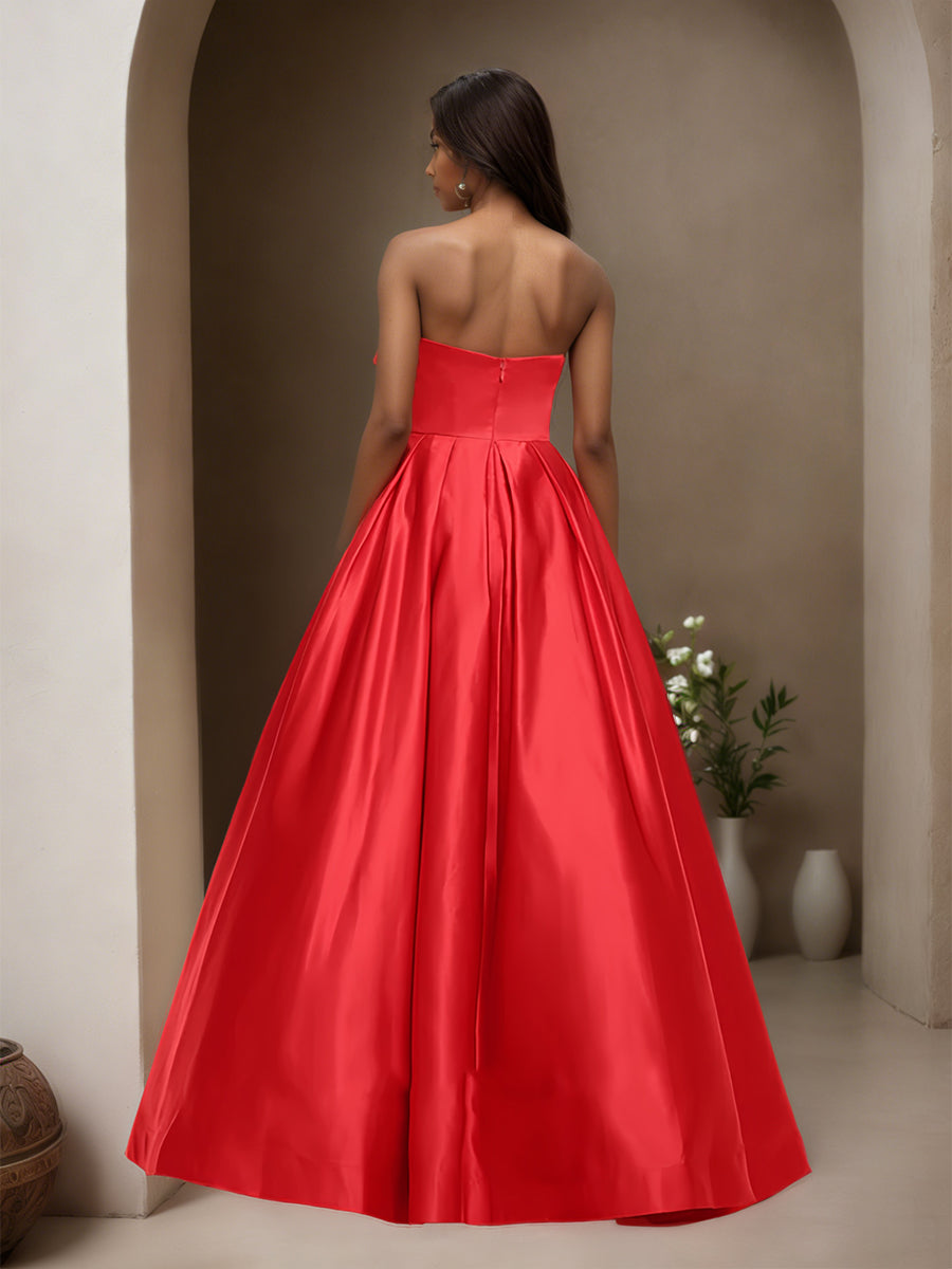 Cicinia Red Prom Dresses Long Satin A-line Floor Length Gowns With Big Bowknot