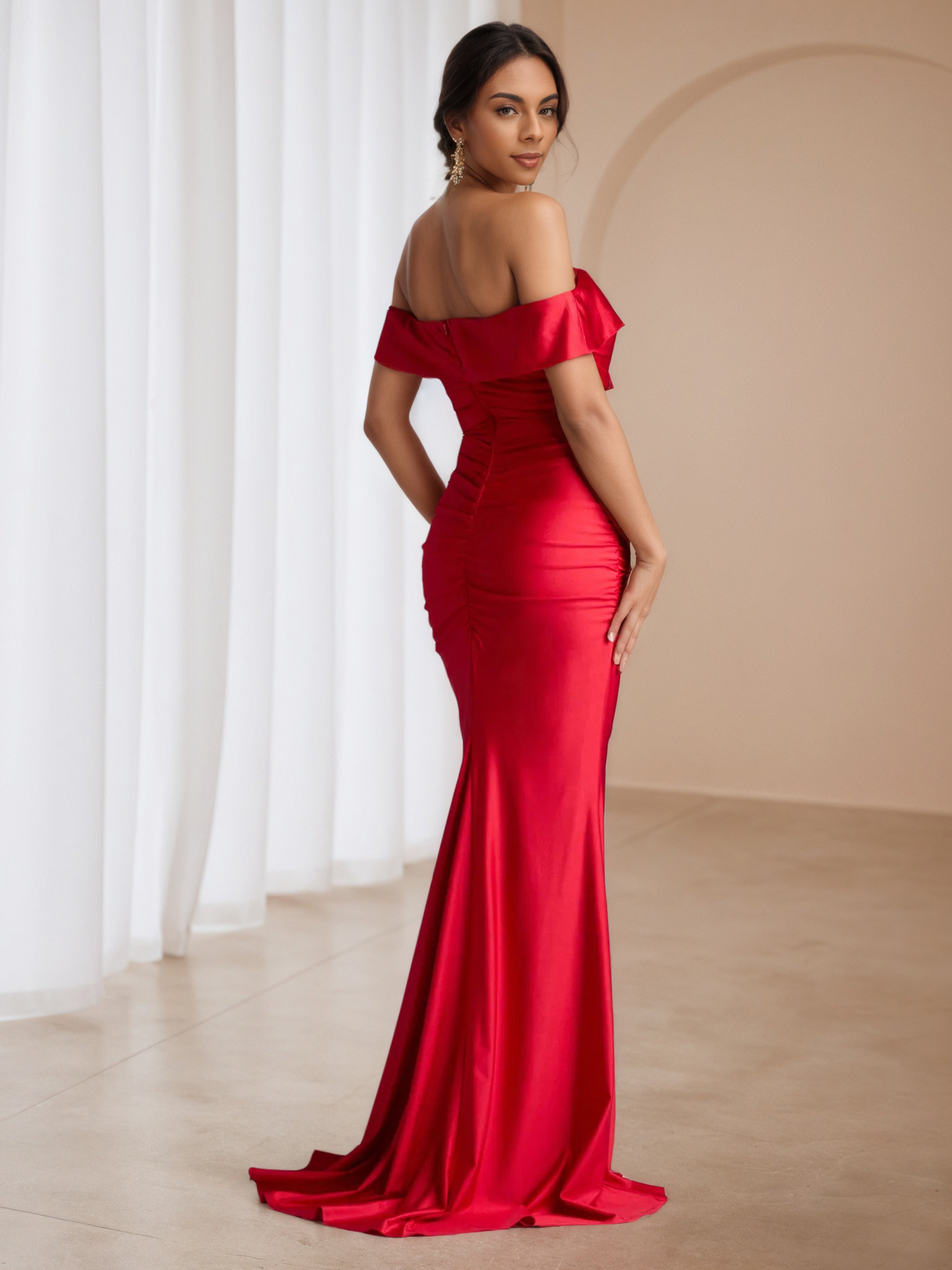 Sweep/Brush Train Dress Red Off The Shoulder Wedding Guest Dress