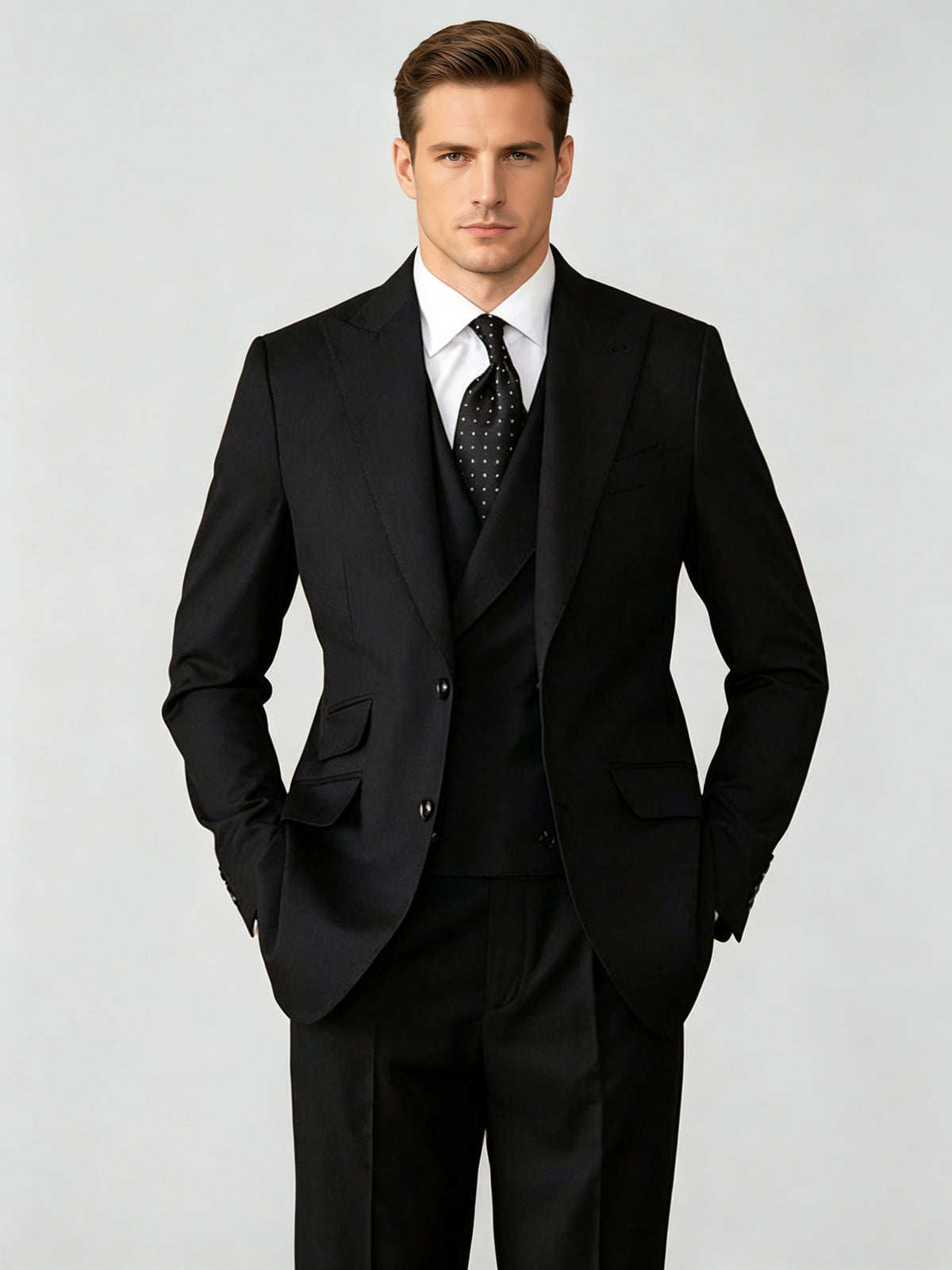 Cicinia 3 Pieces Black Men's Suits Peak Lapel Double Breasted Jacket Notched Waistcoat Trousers Suit