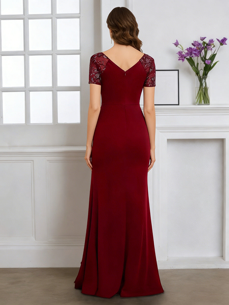 Cicinia Burgundy Mother Of The Bride Dress With Sleeves Long Stretch Fabric Sheath V-neck Slit
