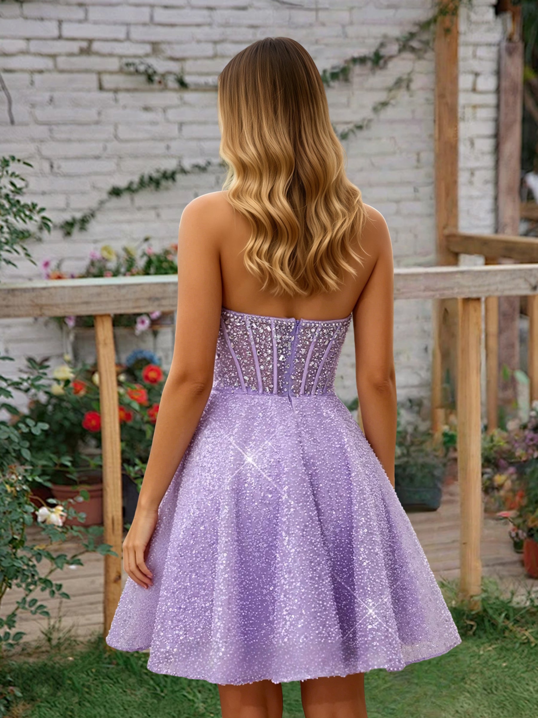 Cicinia Strapless Beaded Lilac Homecoming Dresses Short A-line Mini Length Party Dress