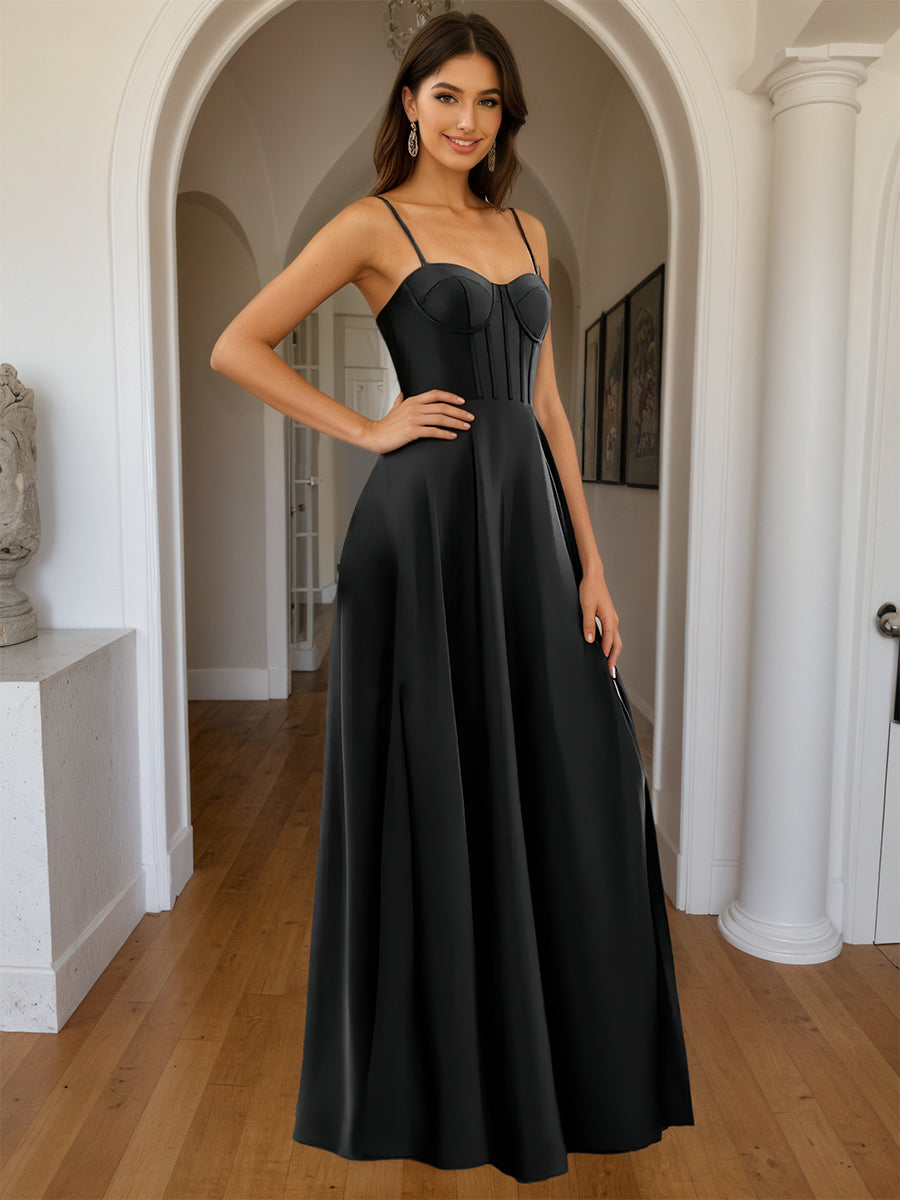 Cicinia Black Prom Dresses Long Sweetheart A-line Satin Spaghetti Stra