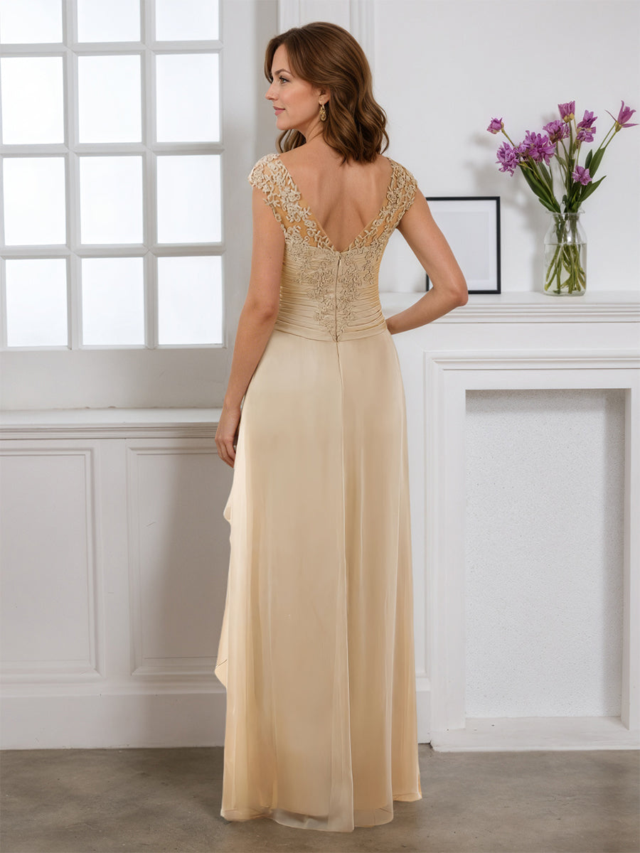 Cicinia Champagne Mother Of The Bride Dress Long Chiffon Appliques Lace Sheath Slit Floor Length
