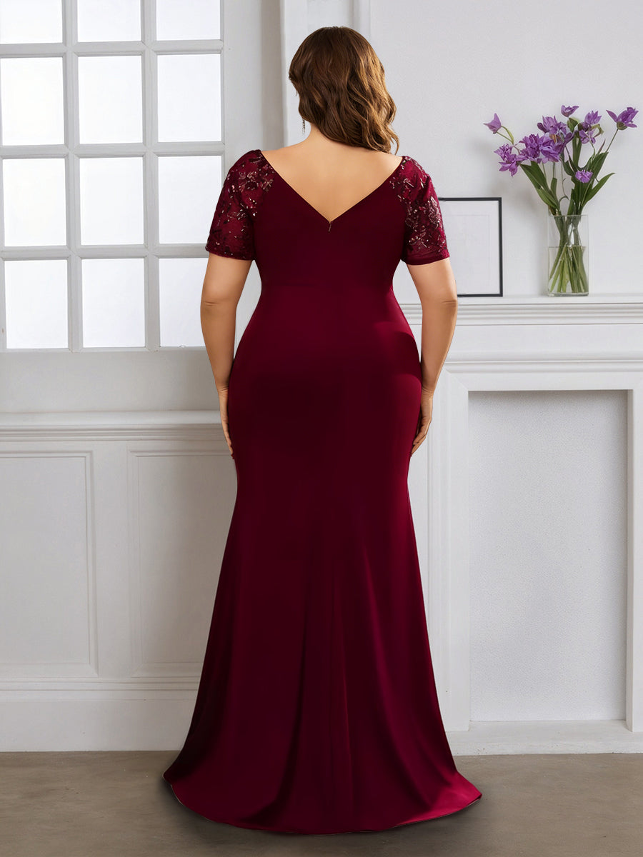 Cicinia Burgundy Mother Of The Bride Dress With Sleeves Plus Size Long Stretch Fabric Sheath V-neck Slit