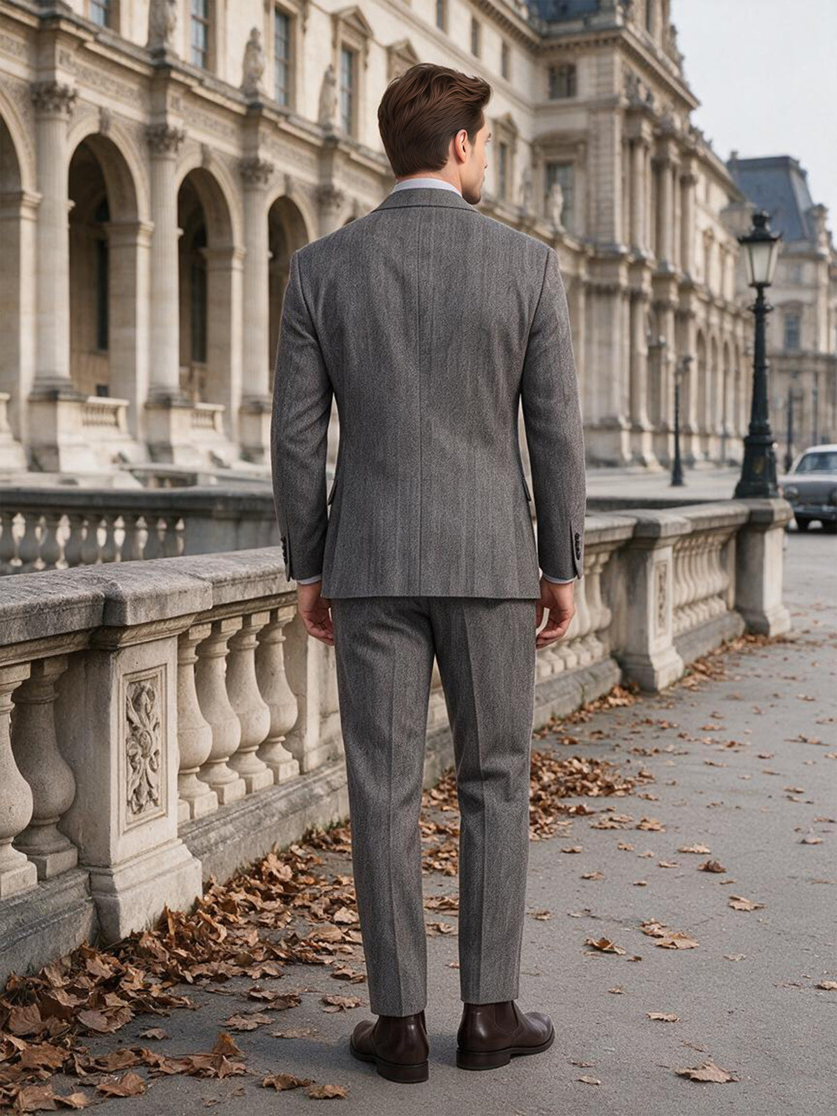 Cicinia Herringbone Steel Grey Men's Suits 2 Pieces Notch Lapel Single Breasted Patch Pocket