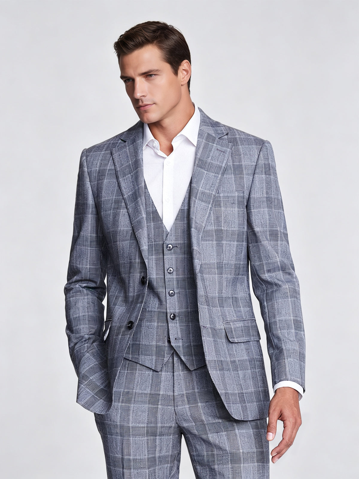 Cicinia Men's Suits Grey Glen Plaid 3 Pieces Suit Double Breasted Notch Lapel Slim Fit Jacket Vest Trousers