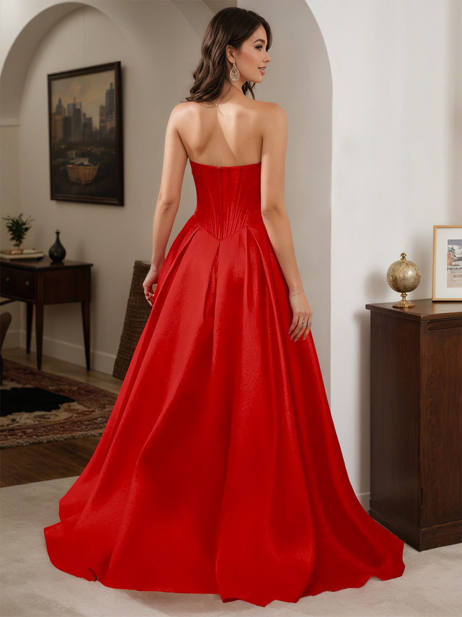 Cicinia Red Prom Dresses Long Satin A-line Strapless Floor Length Dress