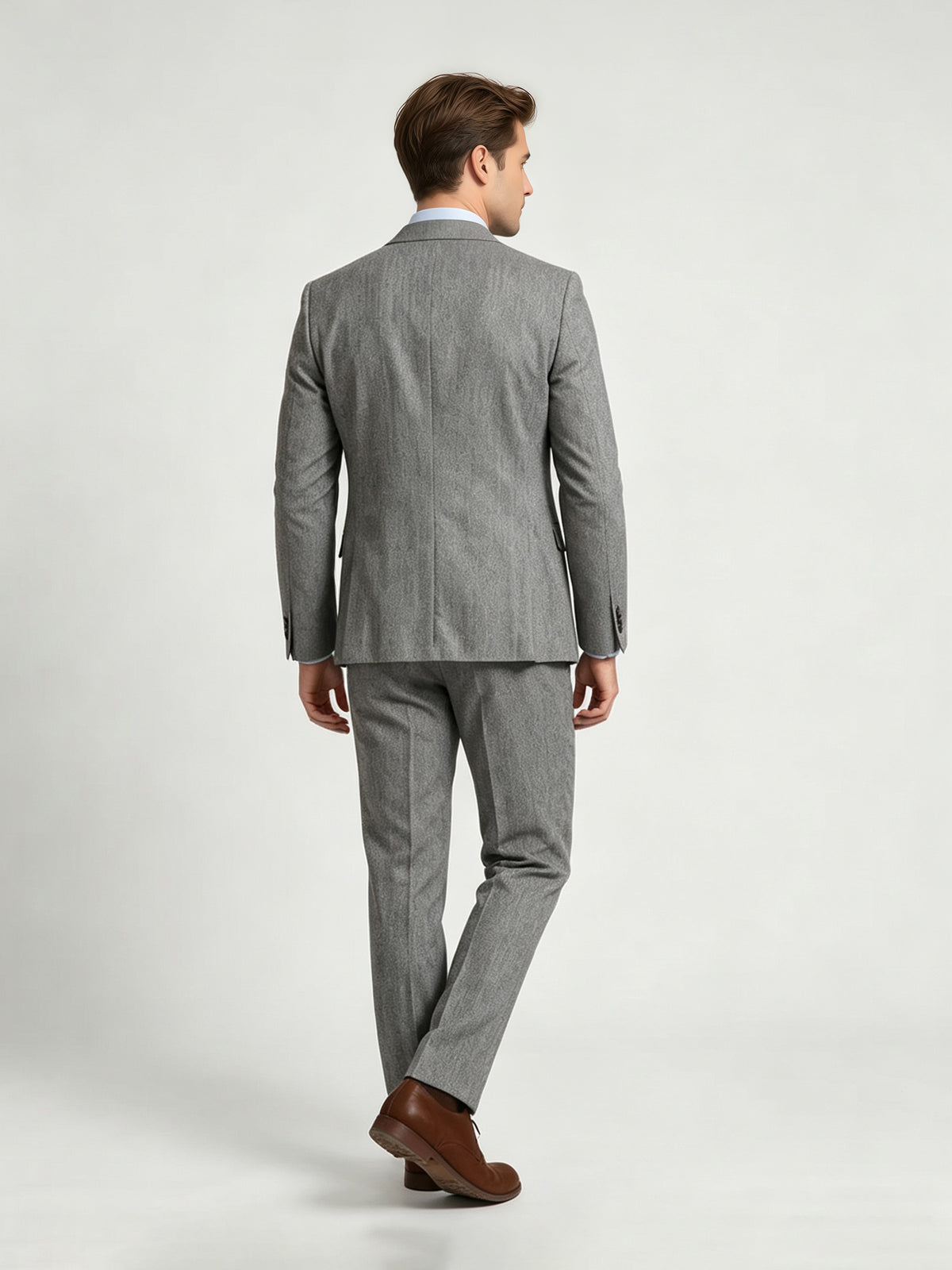 Cicinia 3 Piece Herringbone Suit Notch Lapel Single Breasted Jacket V Neck Vest Straight Leg Trousers Grey Men's Suits