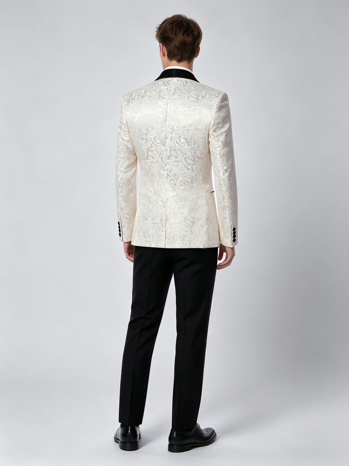 Cicinia 3 Pieces Jacquard Tuxedo Shawl Lapel Single Button Jacket Double Breasted Vest Straight Trousers Ivory And Black Men's Suits