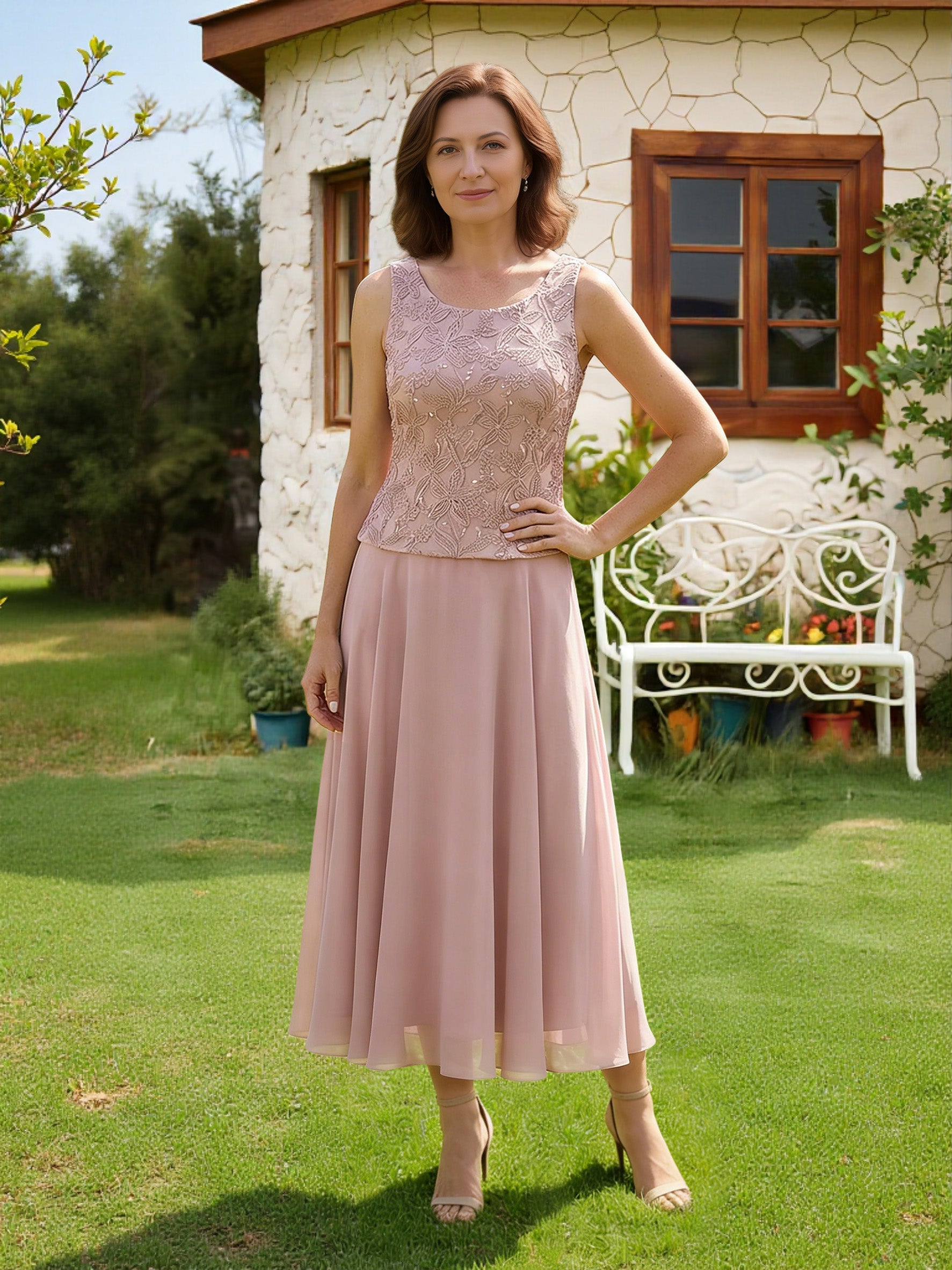 Cicinia Dusty Rose Mother Of The Bride Dress With Jacket Long Chiffon Lace A-line Tea Length 3 Pieces