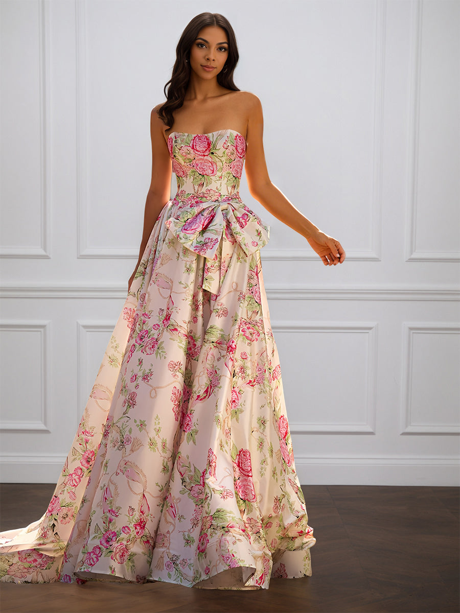 Cicinia Apricot Prom Dresses Long Printed Fabric A-line Strapless With Train