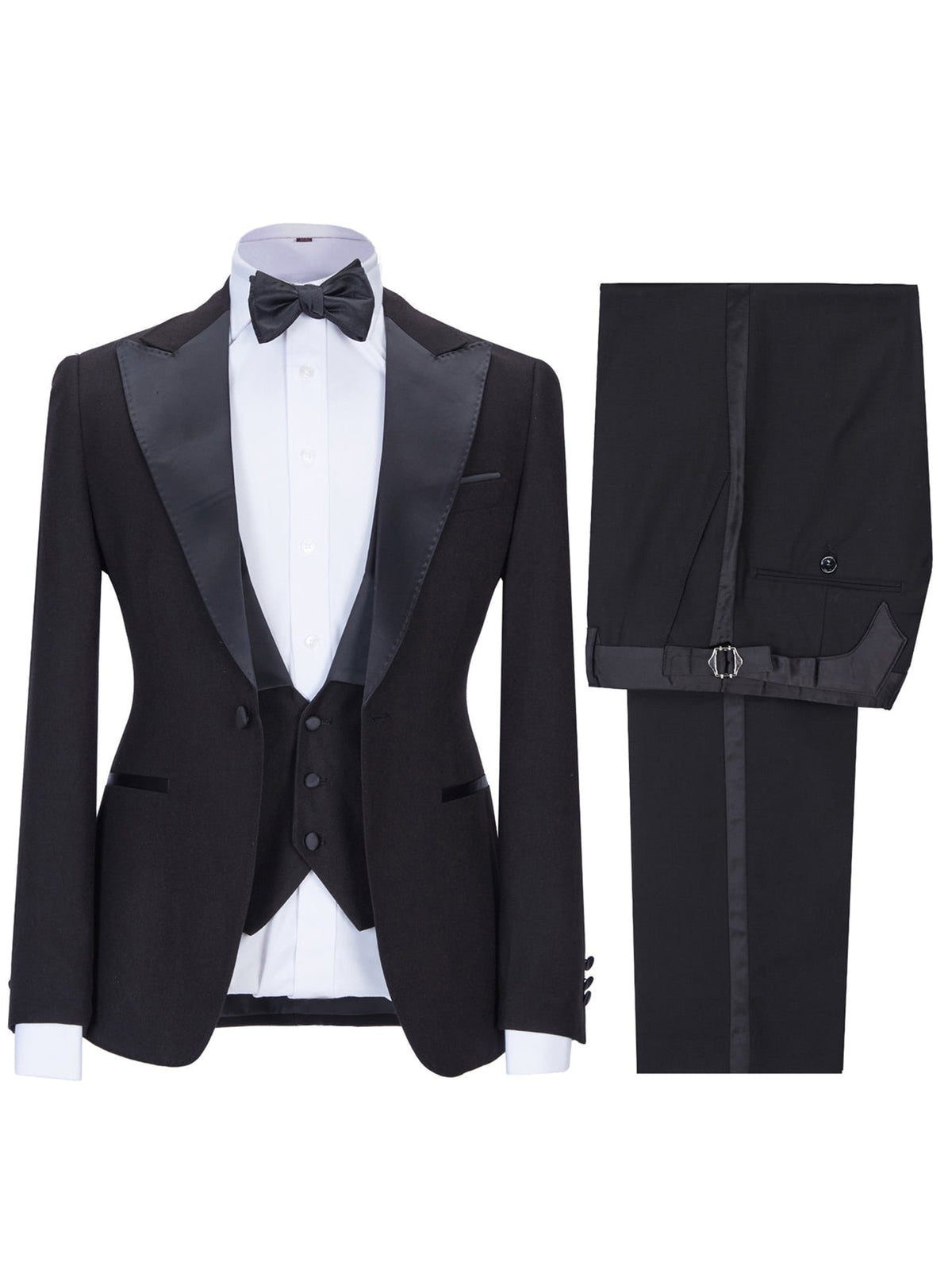 Cicinia 3 Pieces Slim Fit Black Men's Suits Tuxedo Peak Lapel Vest Jacket Trousers Wedding Outfit