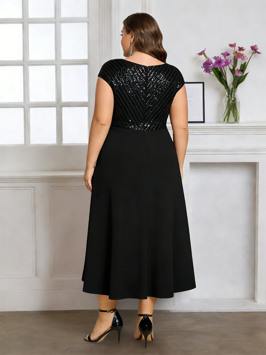 Cicinia Black Mother Of The Bride Dress Plus Size Long Chiffon Sequins A-line Tea Length V-neck
