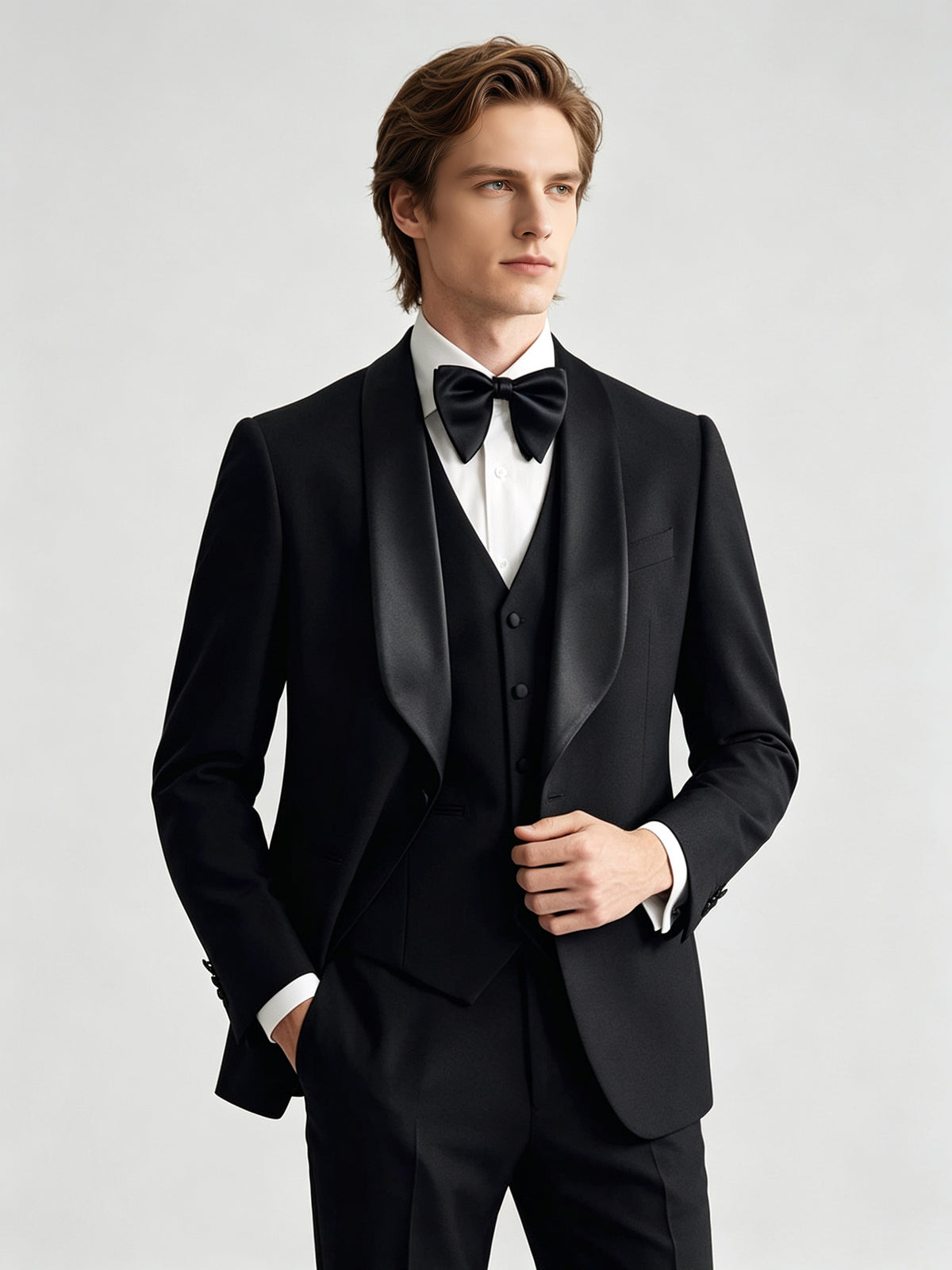 Cicinia Wedding Tuxedo Suit Shawl Lapel Satin Collar One Button 3 Pieces Black Men's Suits
