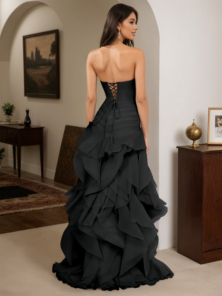 Cicinia Black Prom Dresses Long Tulle Sheath Layered Strapless Dress With 3D Flower