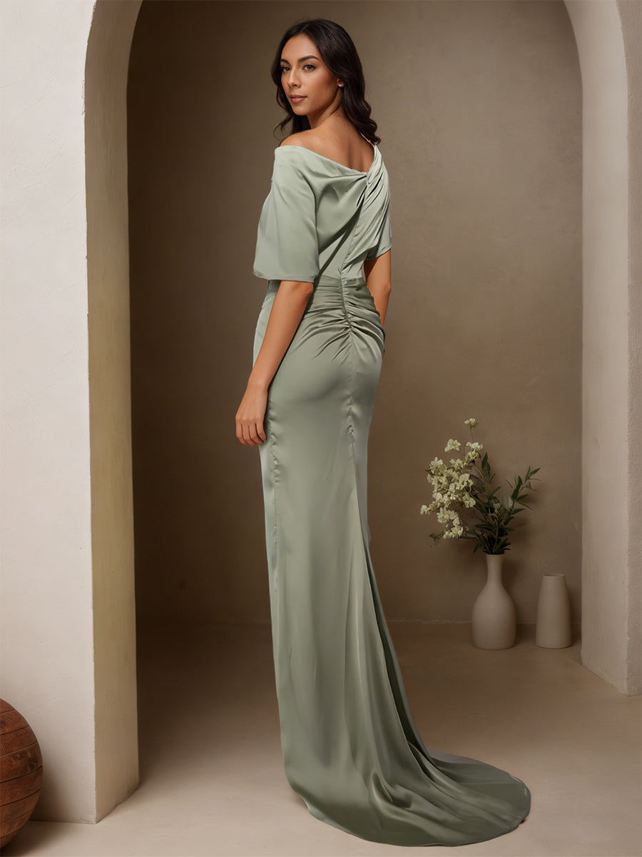 Cicinia Silver Prom Dresses Long Soft Satin Sheath Slit One Shoulder Sweep Train