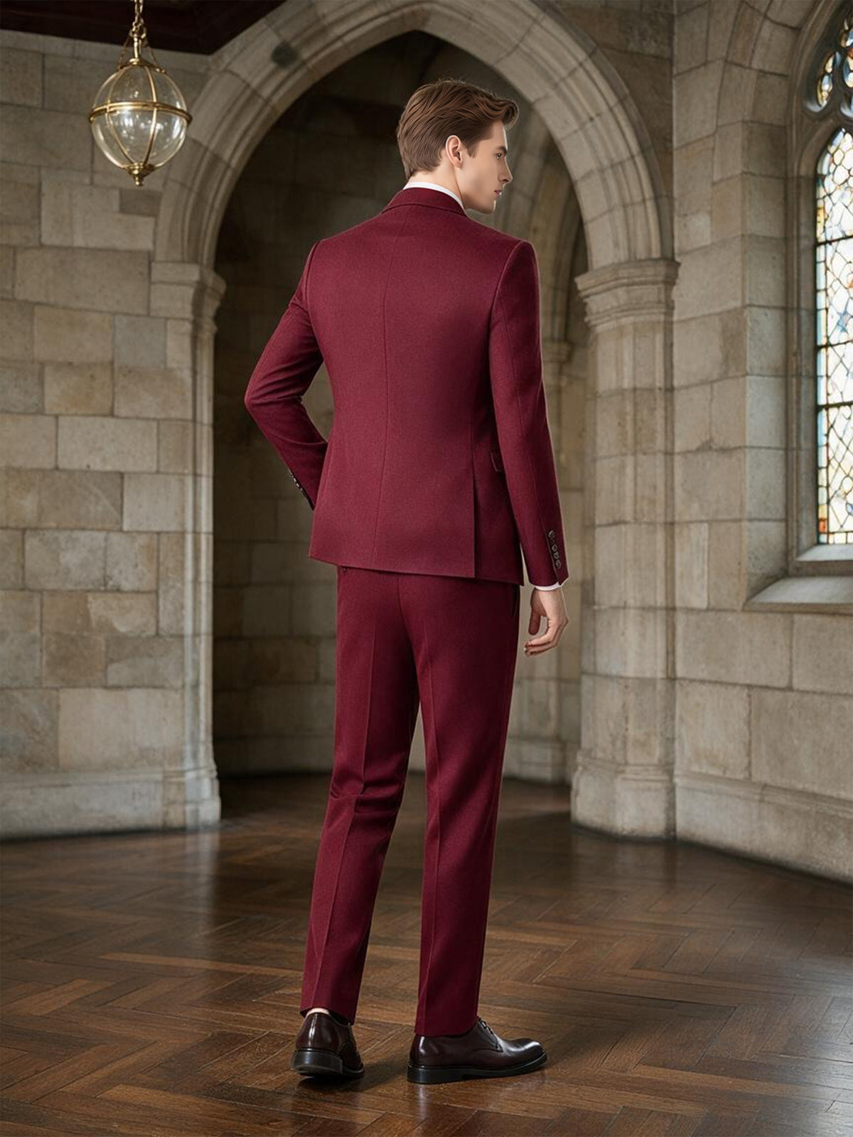 Cicinia Burgundy Slim Fit Double Breasted Notch Lapel Suit For Men Jacket With Pants