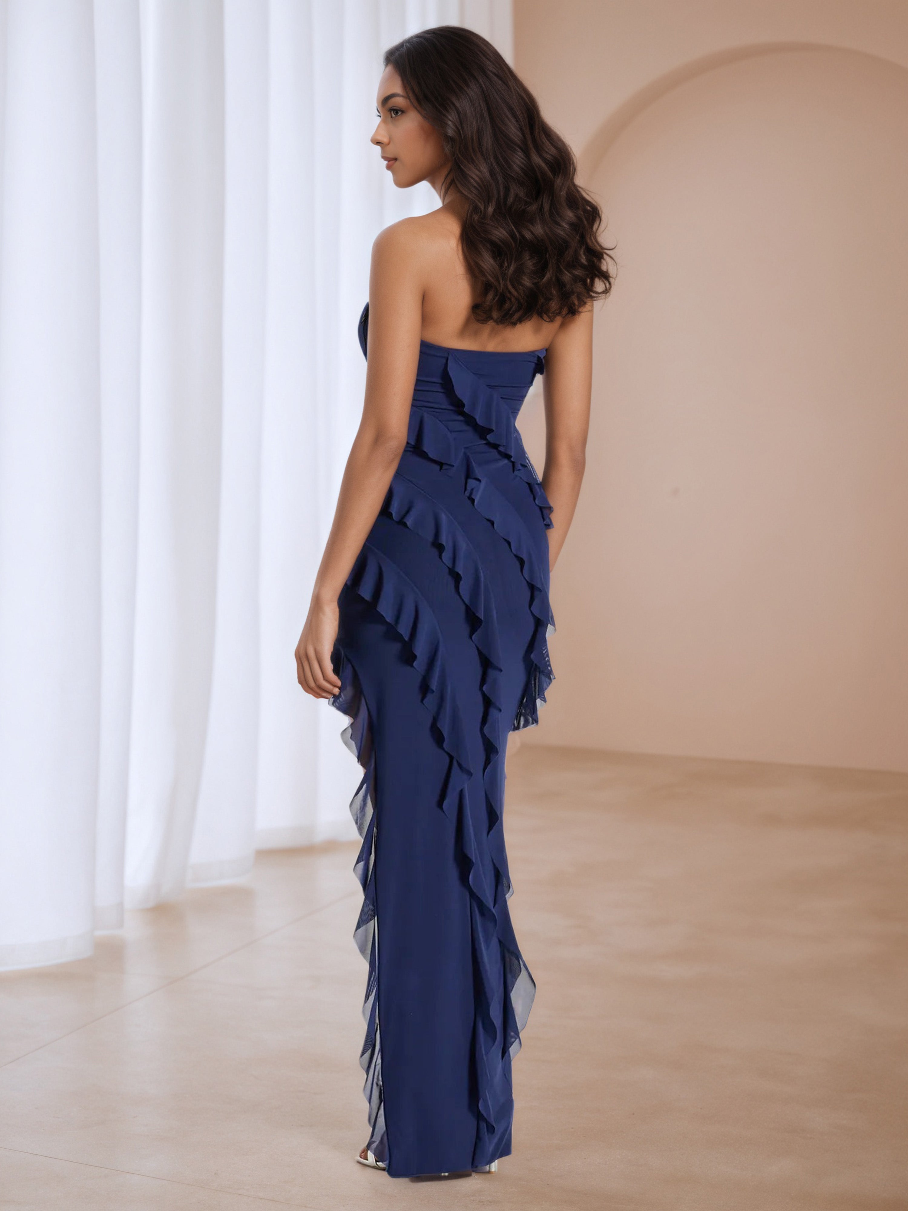 Illusion Strapless Navy Blue Formal Dresses