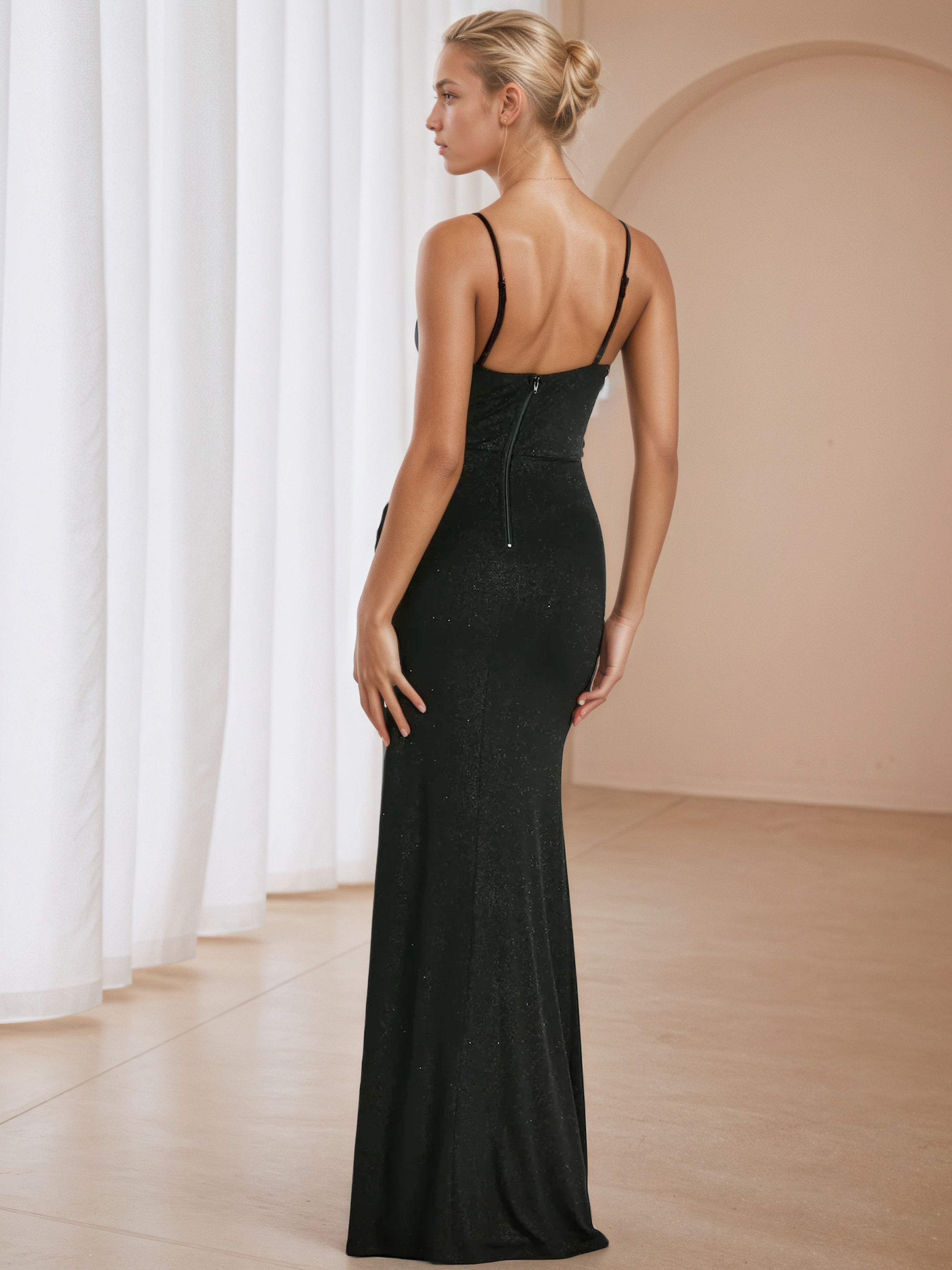 V-Neck Elegant Black Sheath Formal Dresses