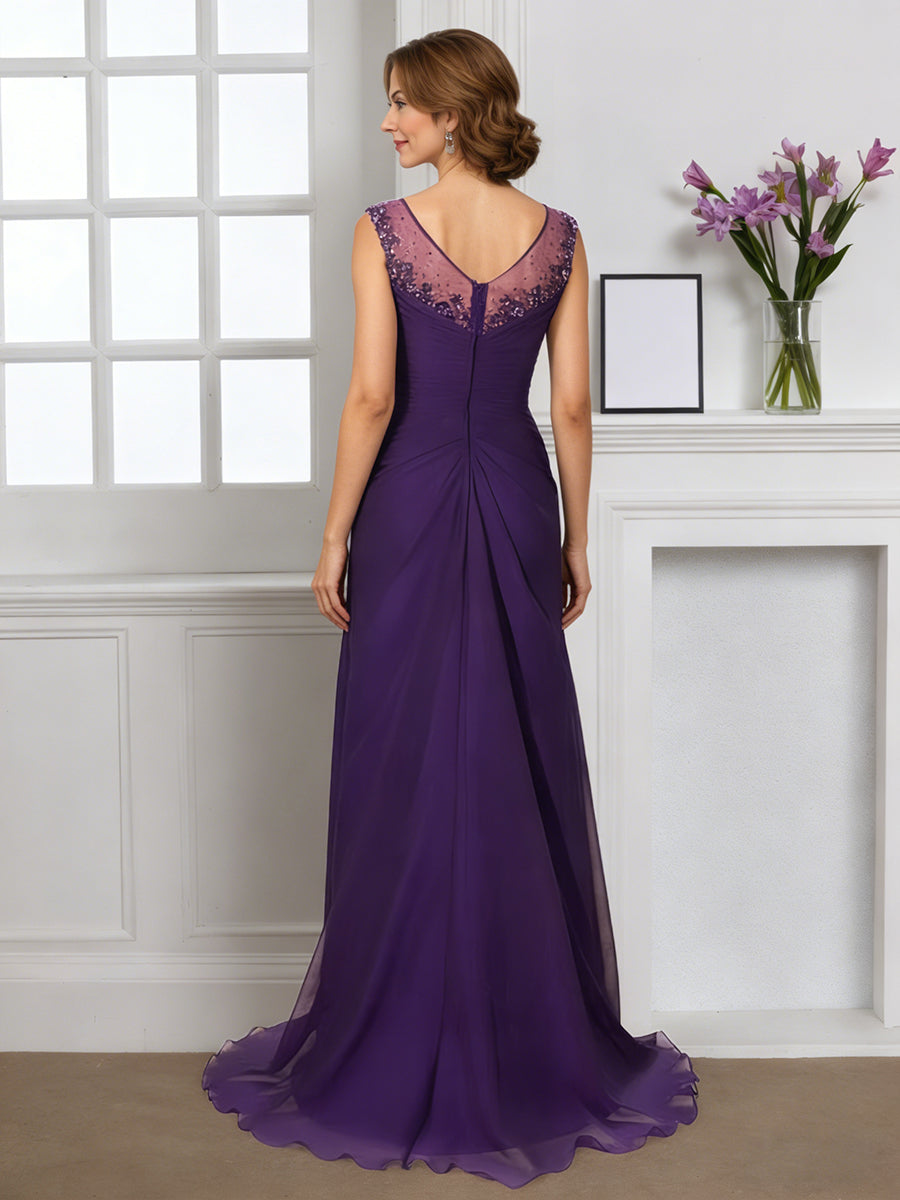 Cicinia Grape Mother Of The Bride Dress Long Chiffon Beaded Sheath Pleats Dress
