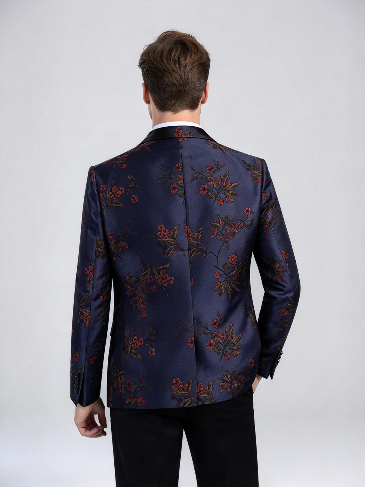 Cicinia Peak Lapel Floral Jacquard Jacket Matching Vest Straight Black Trousers 3 Pieces Navy Blue Men's Suits