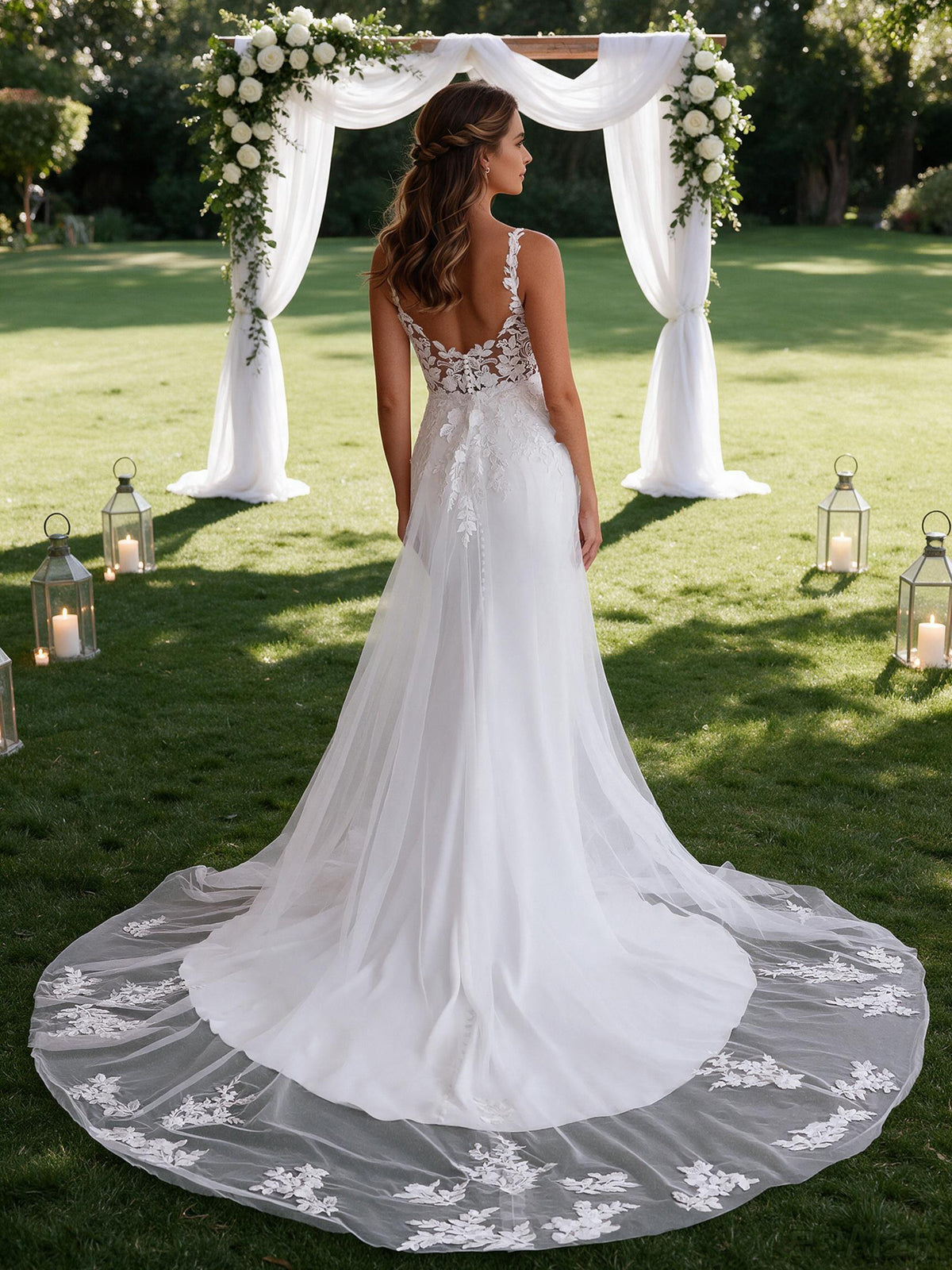 Cicinia Lace Appliques White Wedding Dresses Long Sheath Spaghetti Straps Bridal Gowns