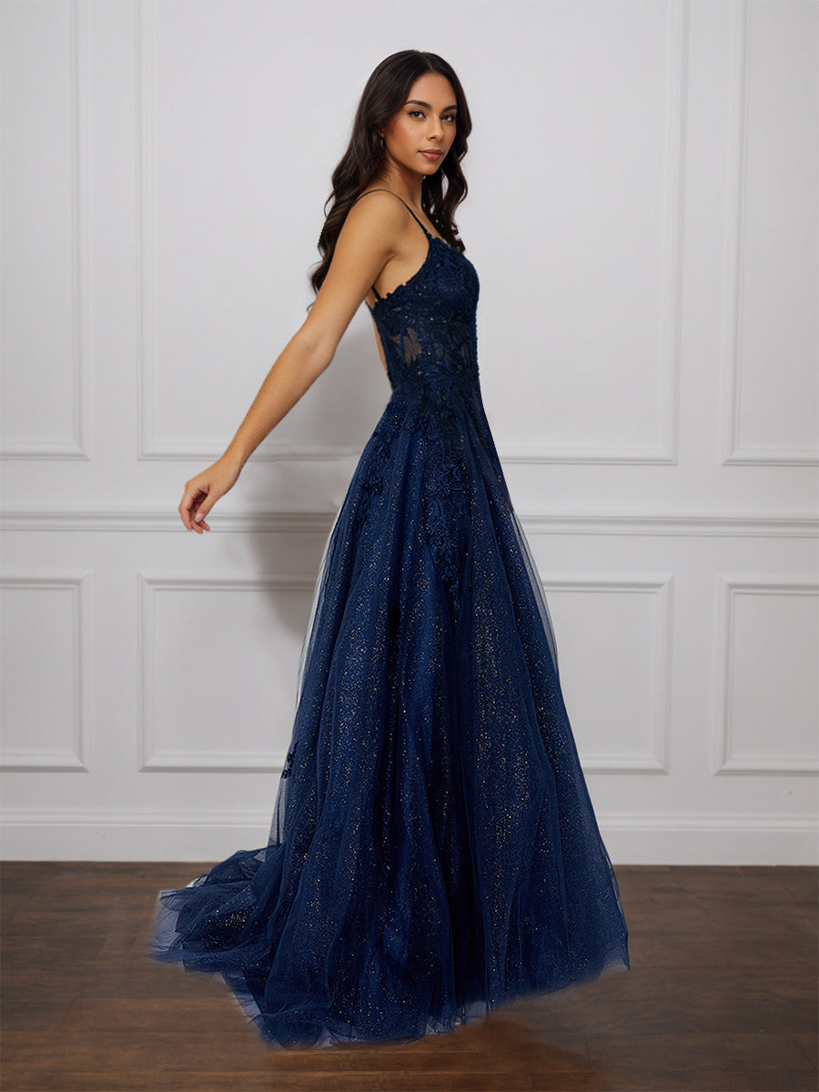 Cicinia Dark Navy Prom Dresses Long Glitter Tulle A-line Spaghetti Straps With Train