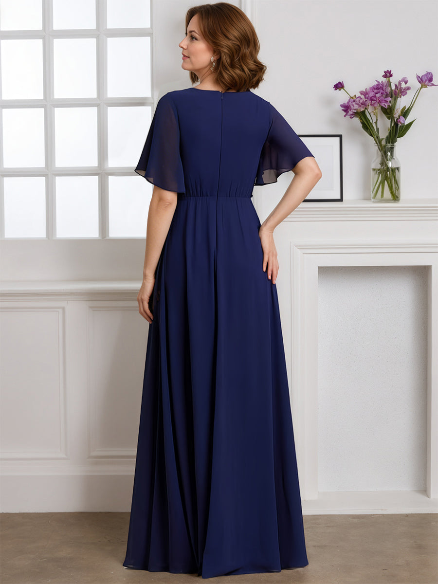 Cicinia Navy Blue Mother Of The Bride Dress With Sleeves Long Chiffon A-line V-neck Dress