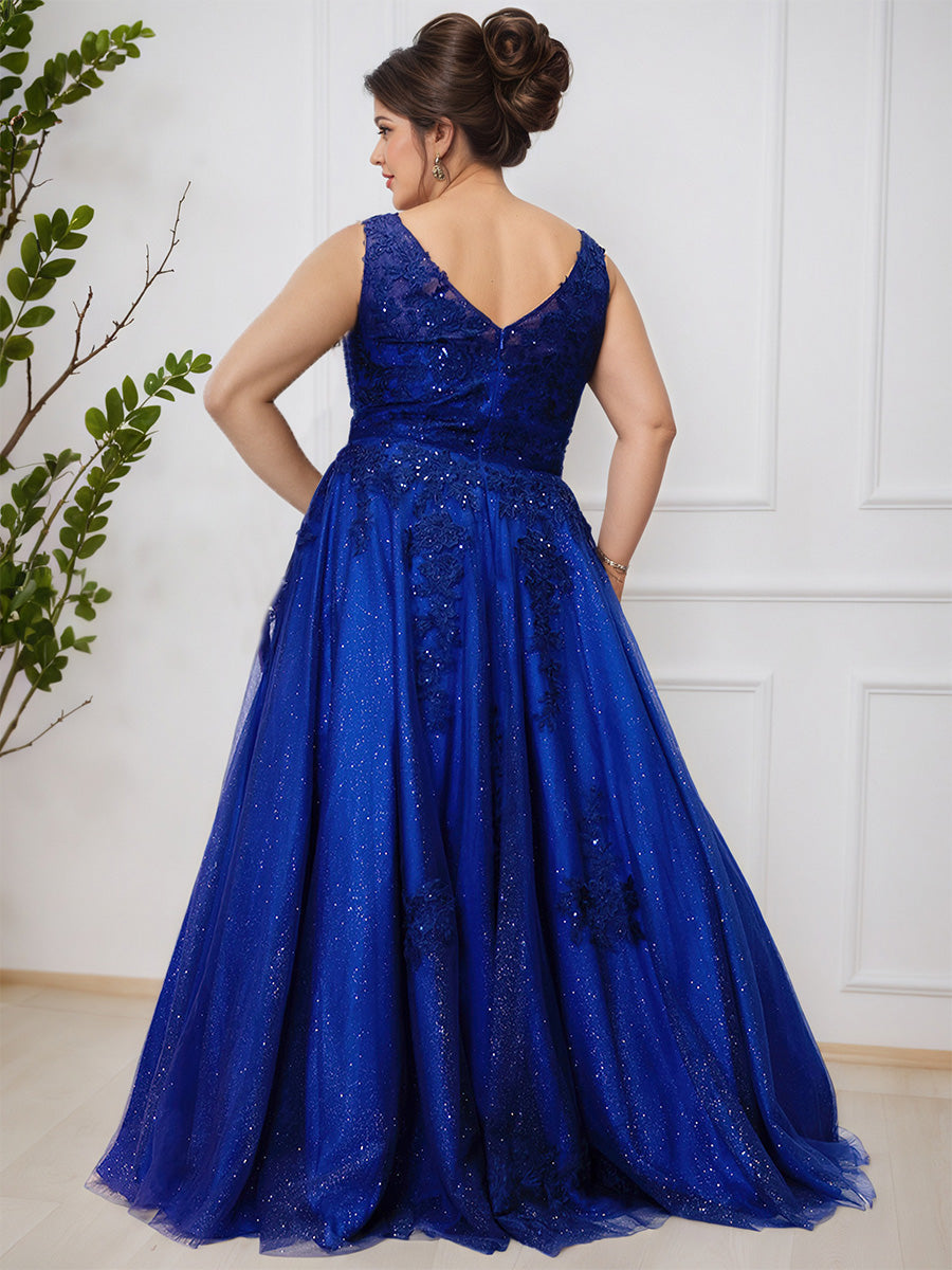 Glitter Royal Blue A-line Floor Length Long Plus Size Prom Dress