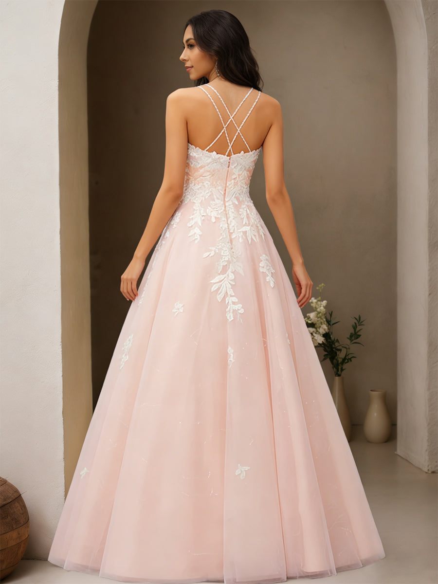 Cicinia Pearl Pink Prom Dresses Long Tulle A-line Spaghetti Straps Fairy Dress With Lace Appliques