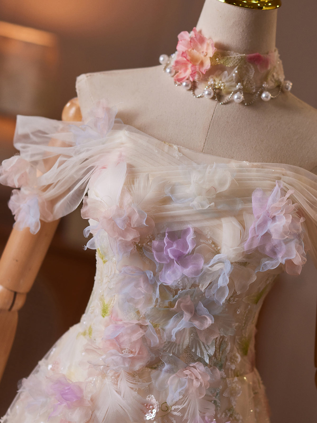 Cicinia Floor Length 3D Colorful Floral Appliques Off The Shoulder Champagne Wedding Dresses Long A-line Bridal Gowns