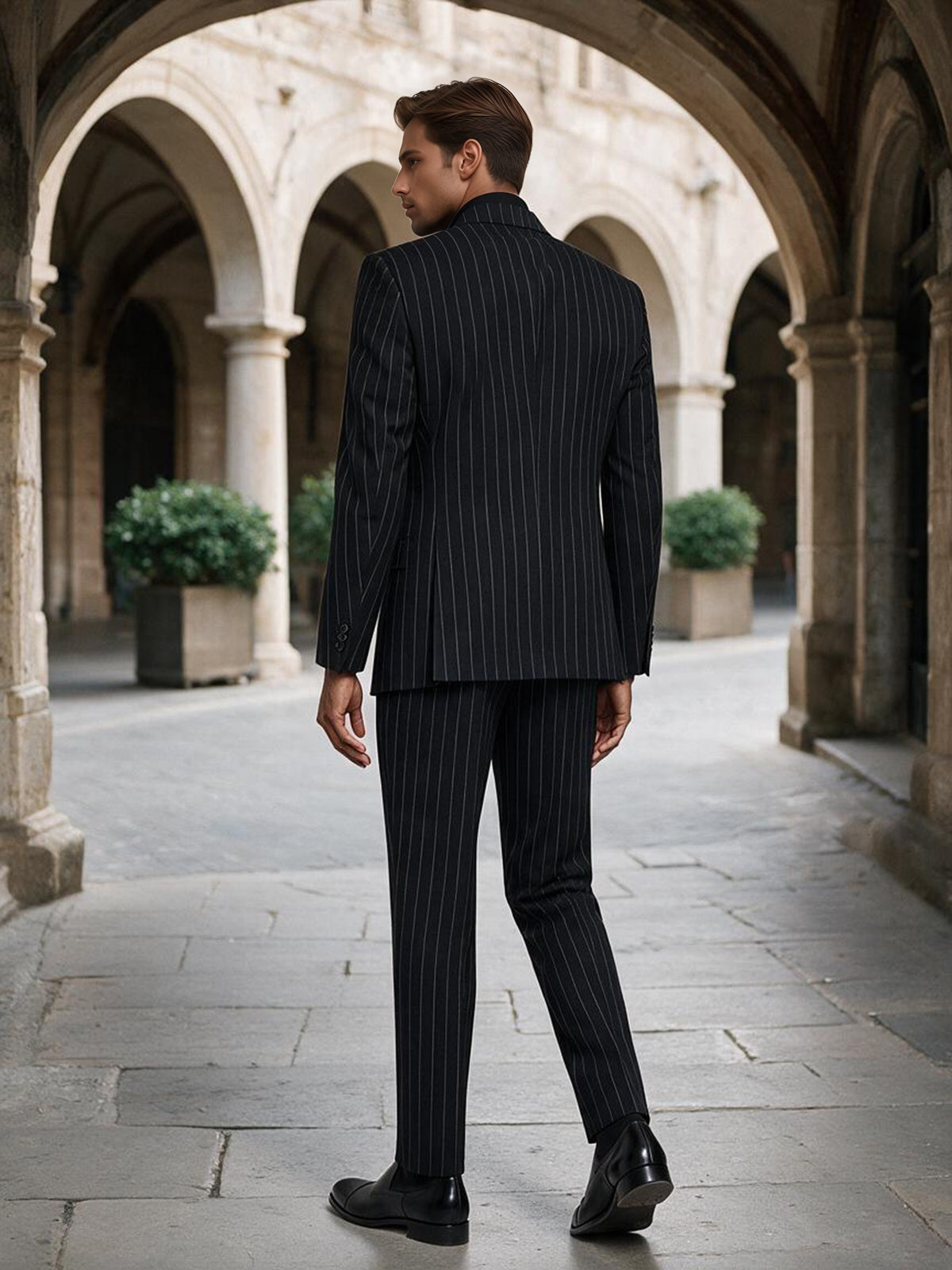 Cicinia Black Pinstripe Men Suit 2 Piece Peak Lapel Slim Fit Formal Business Wedding Suit
