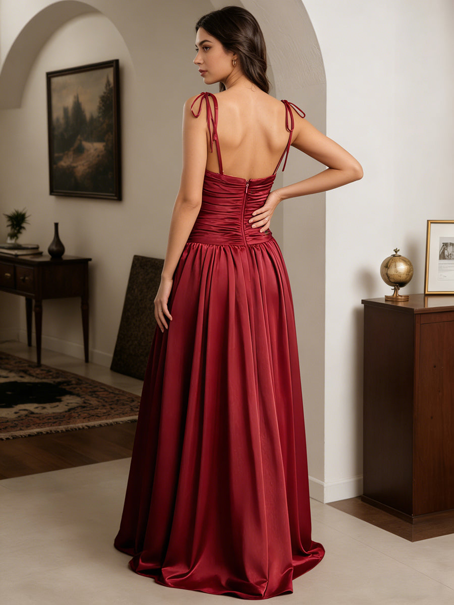 Cicinia Burgundy Prom Dresses Long A-line Satin Spaghetti Straps Floor Length Party Gowns