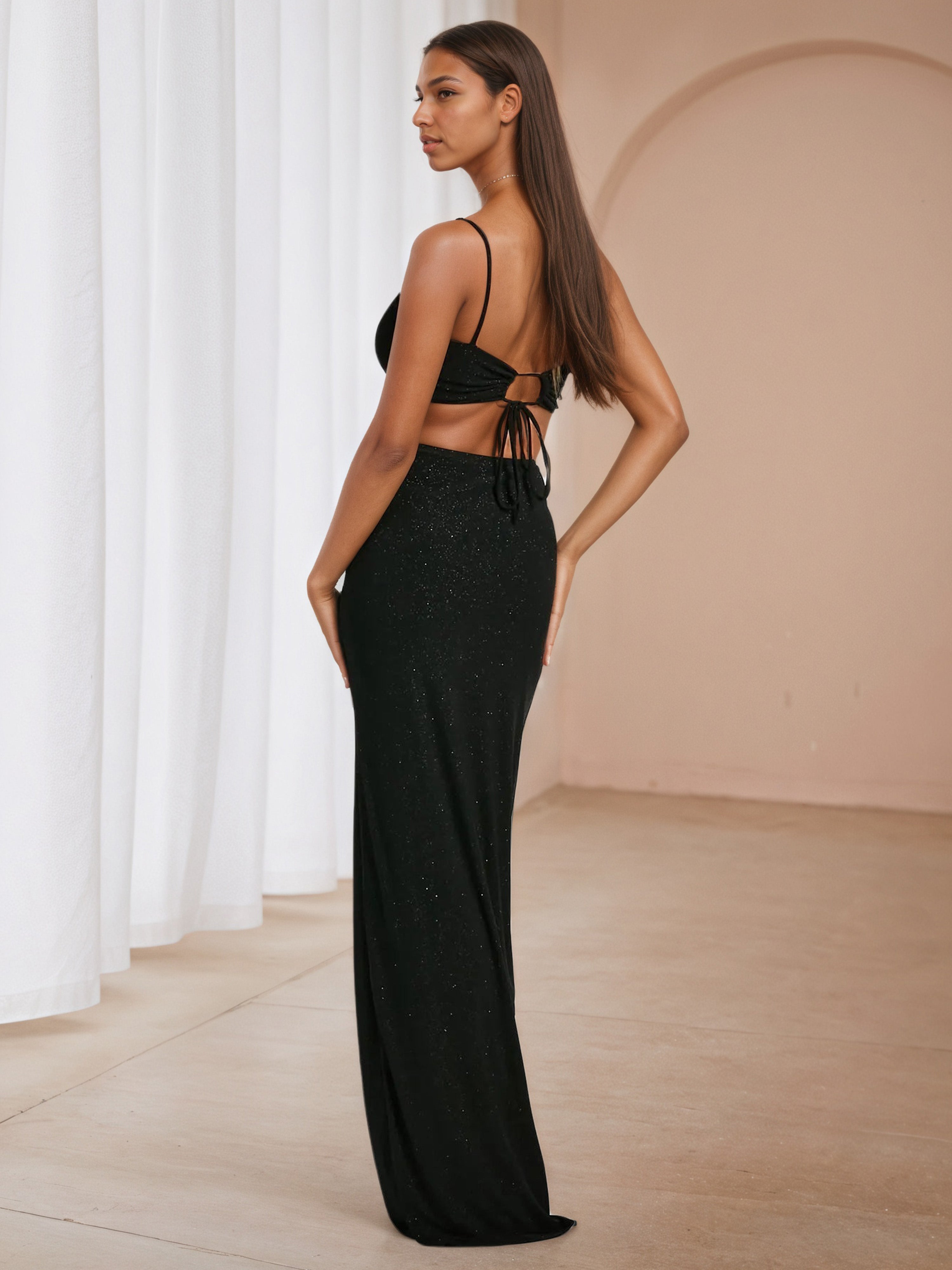 Glitter Spaghetti Strap Formal Dresses in Black