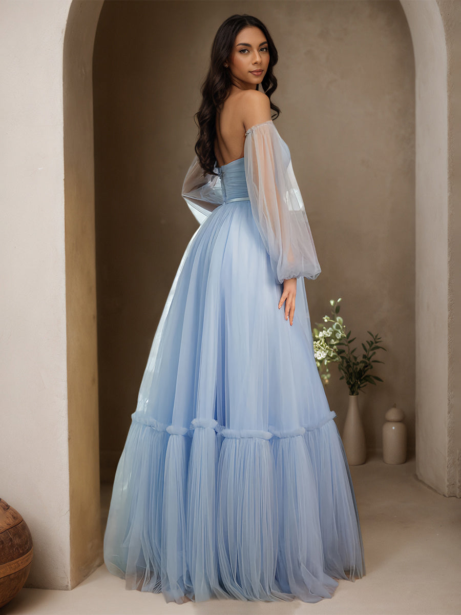 Cicinia Sky Blue Prom Dresses With Sleeves Long Tulle A-line Sweetheart Floor Length