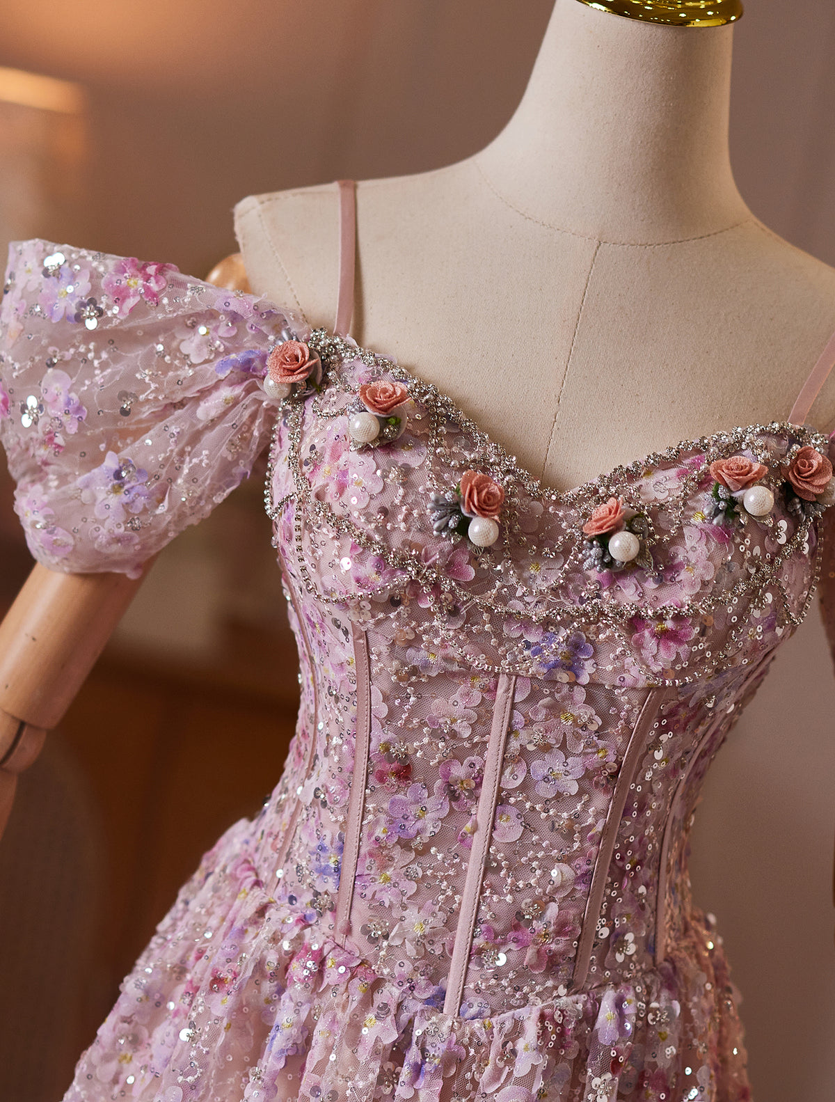 Cicinia Sequined Floral Tulle Pink Prom Dress Long A-line Off The Shoulder Floor Length Evening Dress