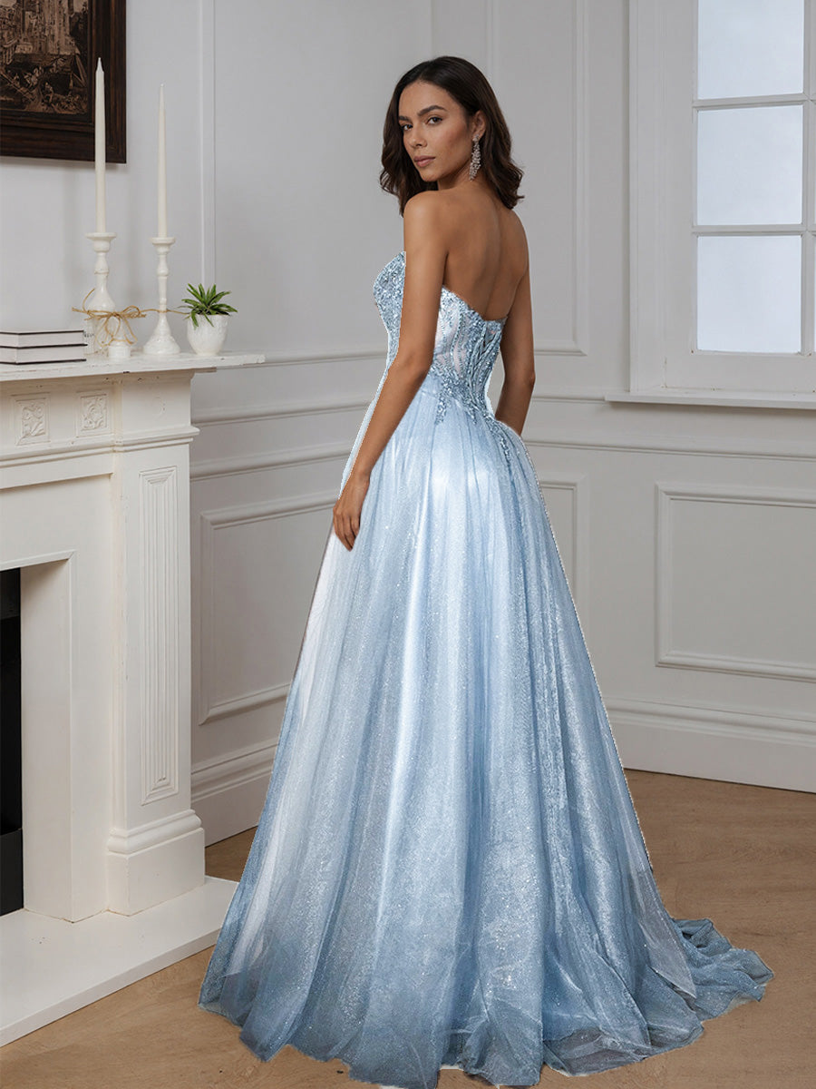 Cicinia Sky Blue Prom Dresses Long Glitter Tulle A-line Party Dress