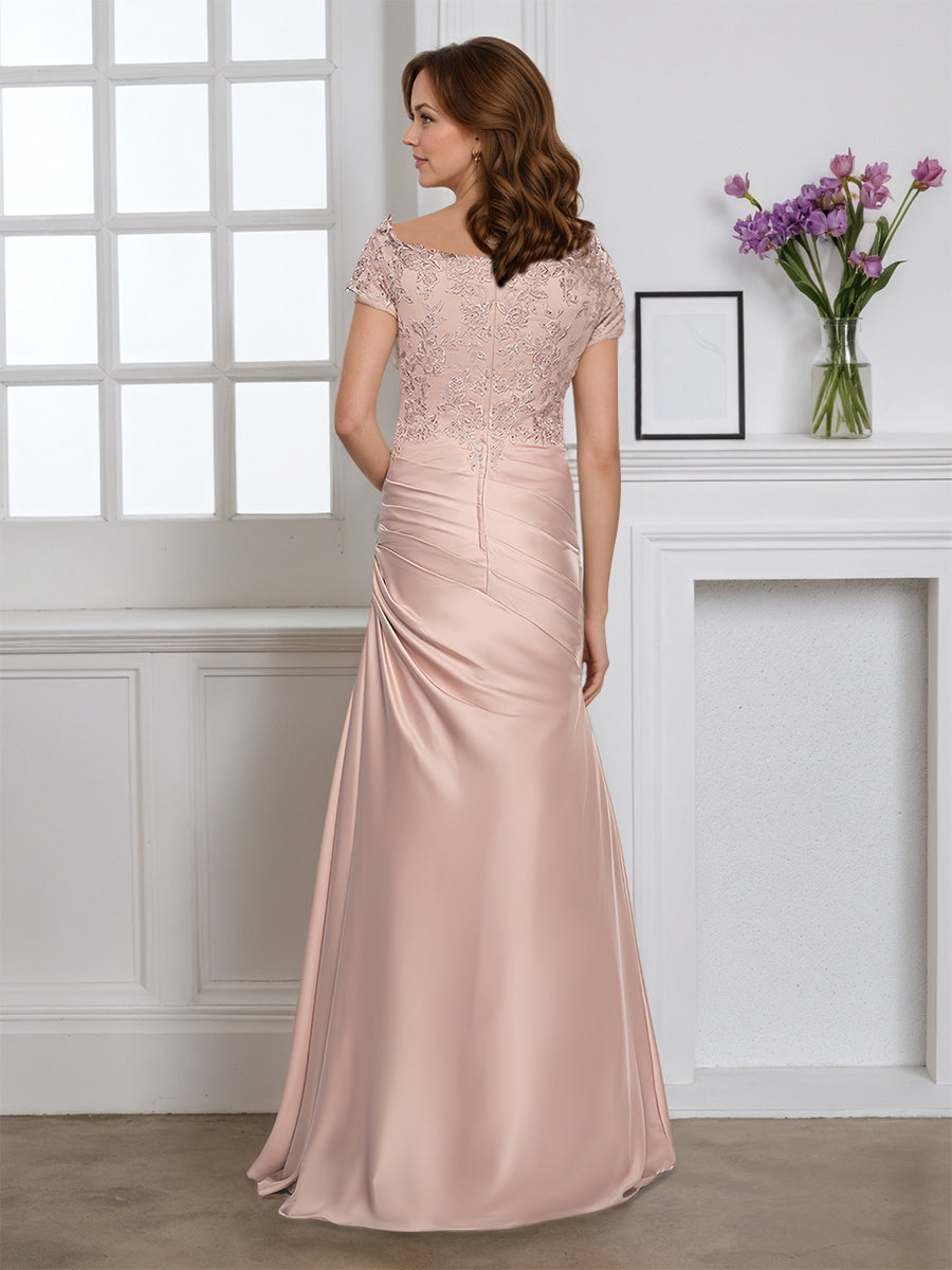 Cicinia Pearl Pink Mother Of The Bride Dress Long Soft Satin Sheath Cap Sleeves