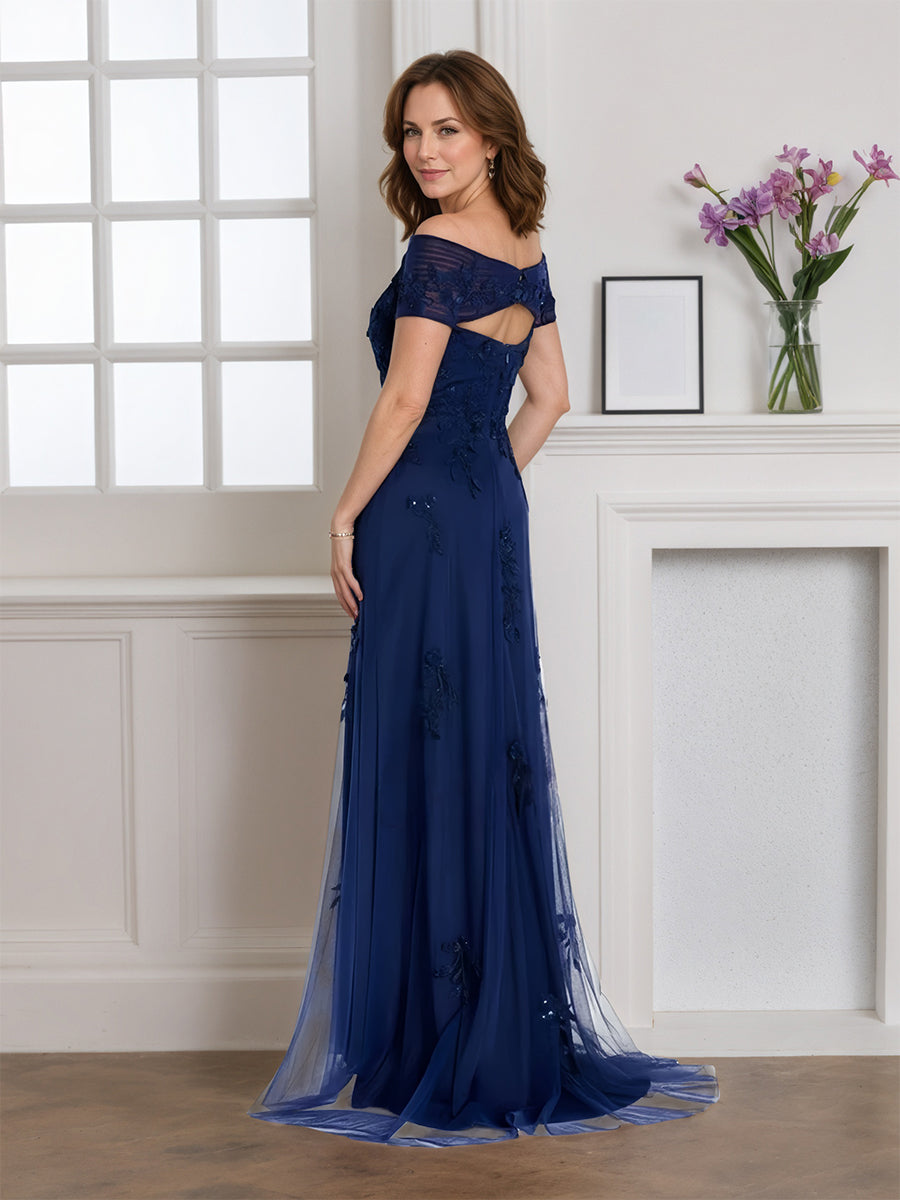 Cicinia Navy Blue Mother Of The Bride Dress Long Tulle A-line Off The Shoulder Dress With Appliques Lace