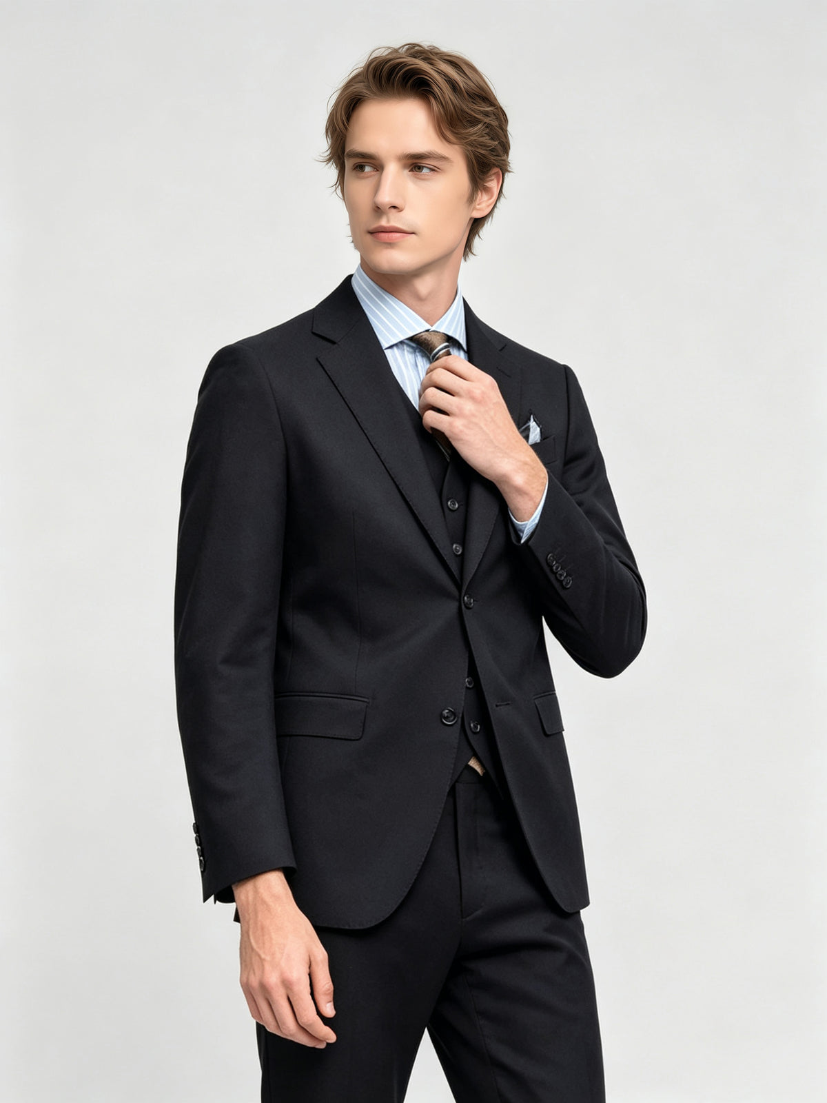 Cicinia Modern Formal Two Button Suit Notch Collar Slim Fit 3 Pieces Solid Black Men's Suits