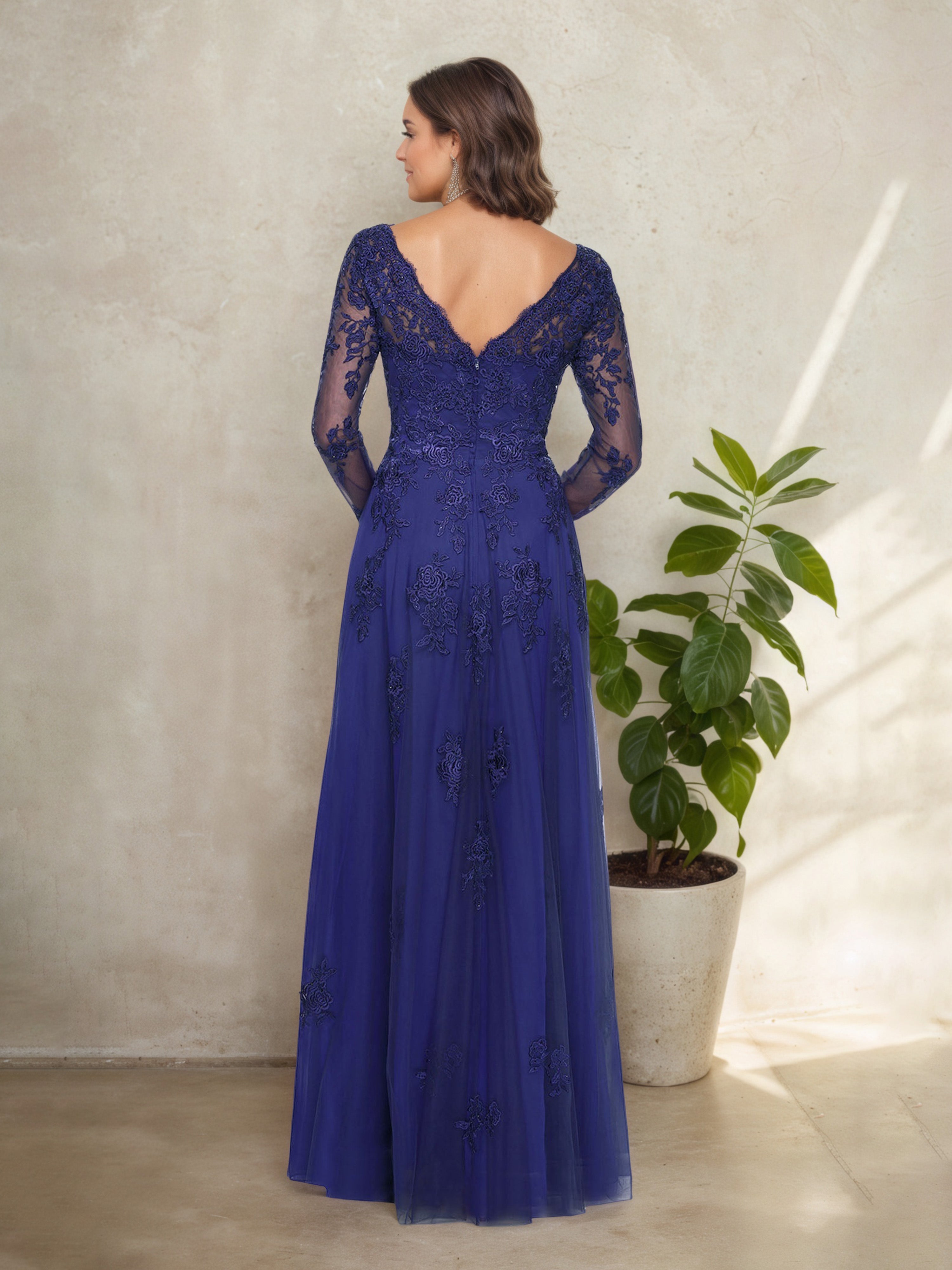 Illusion V-Neck Royal Blue Long Sleeves Floor Length Mother Of The Bride Dress