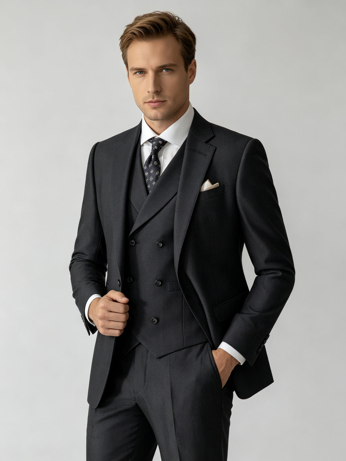 Cicinia 3 Pieces Black Men's Suits Solid Peak Lapel Slim Fit Double Breasted Vest Suit