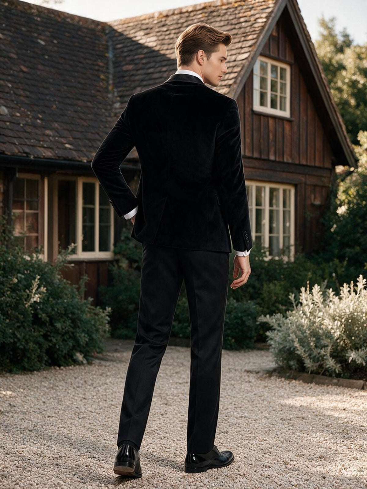 Cicinia Men's Suits Black Velvet 2 Piece Tuxedo Slim Fit Peak Lapel Wedding Outfit