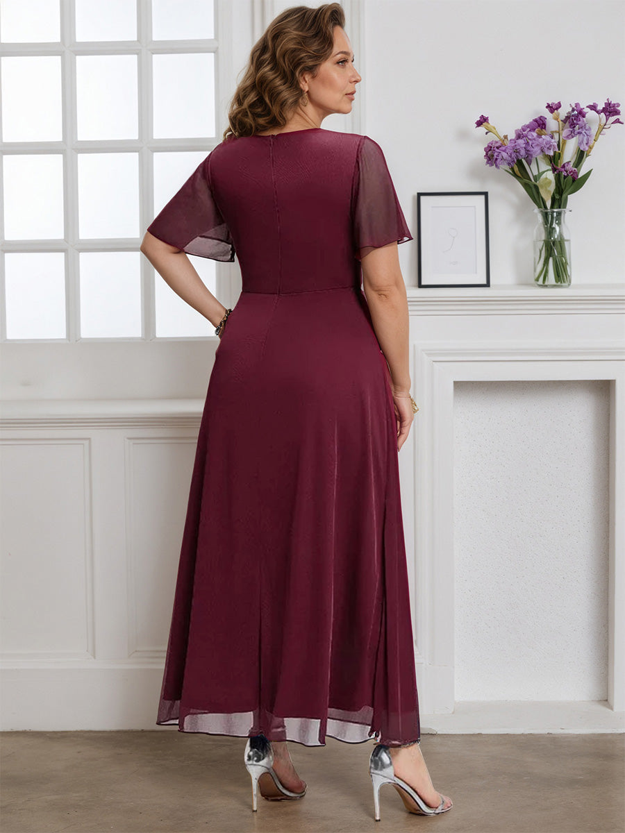 Cicinia Burgundy Mother Of The Bride Dress Long Chiffon A-line Flutter Sleeves V-neck Plus Size