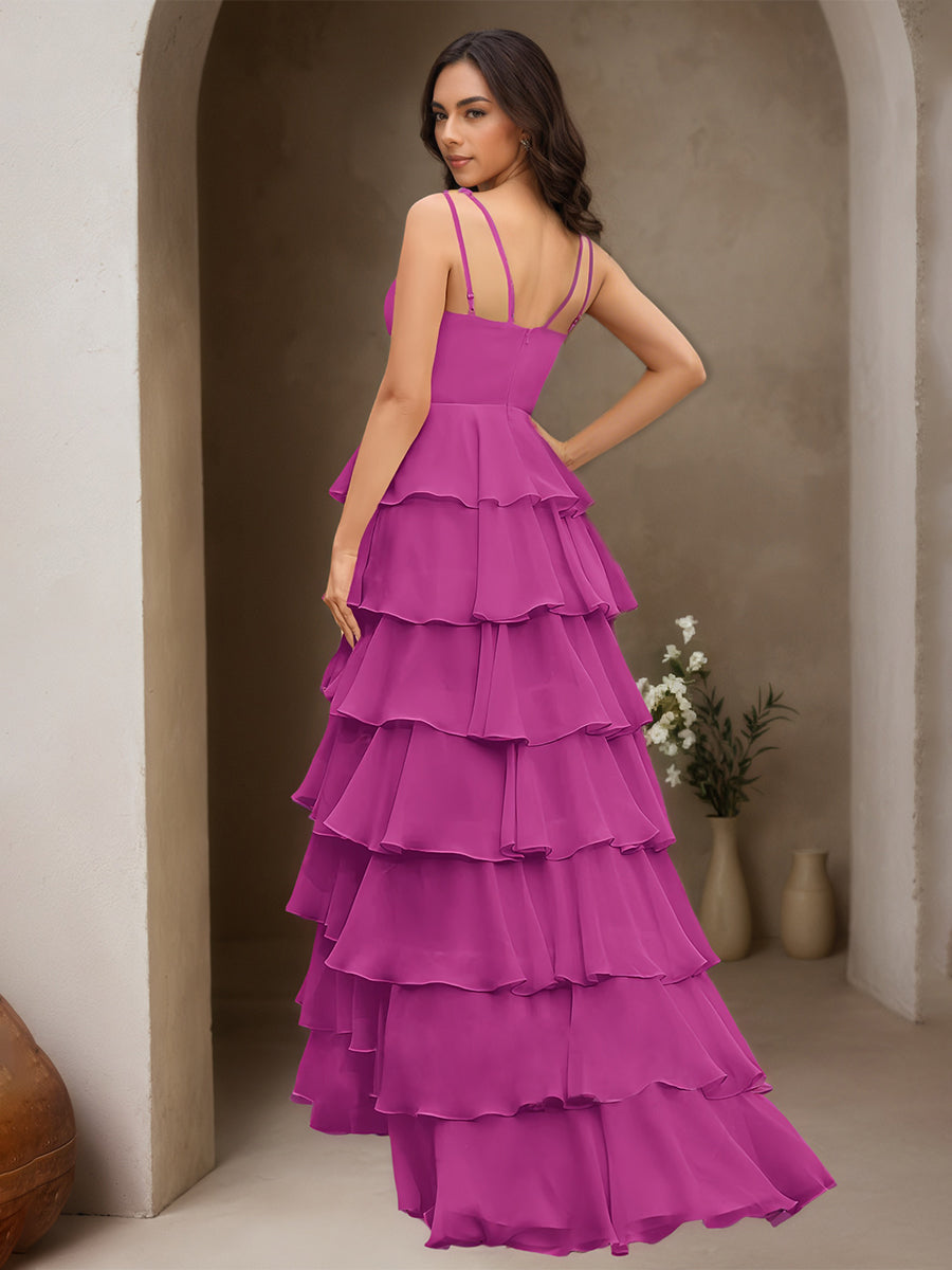 Cicinia Orchid Prom Dresses Long Chiffon A-line Spaghetti Straps Layered Slit Floor Length